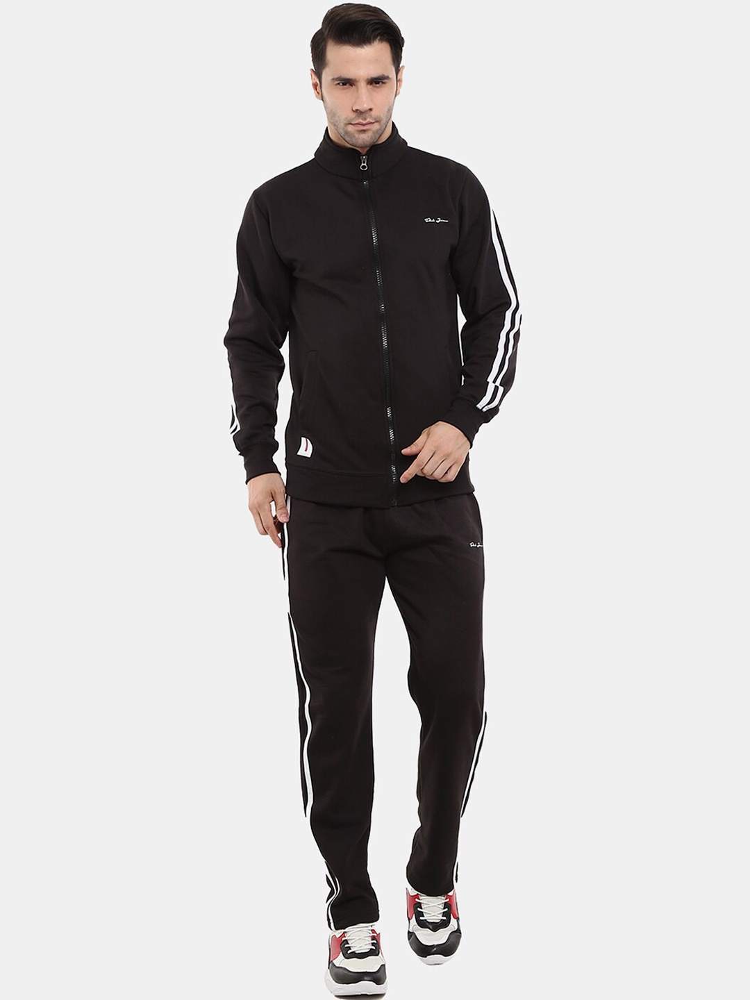 

V-Mart Men Striped Spun Fleece Track Suit, Black