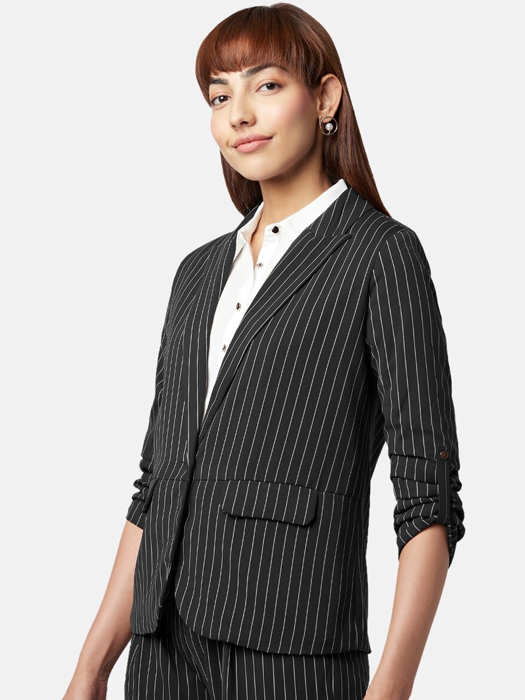 

Annabelle by Pantaloons Women Striped Comfort-Fit Single-Breasted Blazer, Black