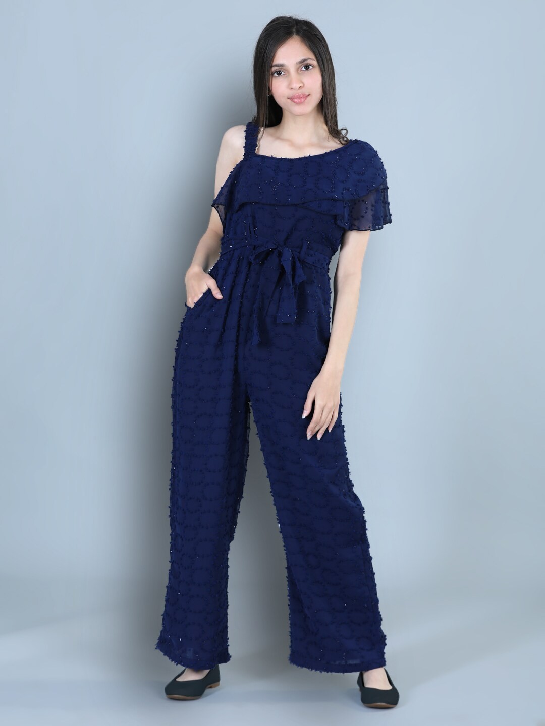 

Cutiekins Girls Dobby Dyed Georgette One Shoulder Jumpsuit, Navy blue