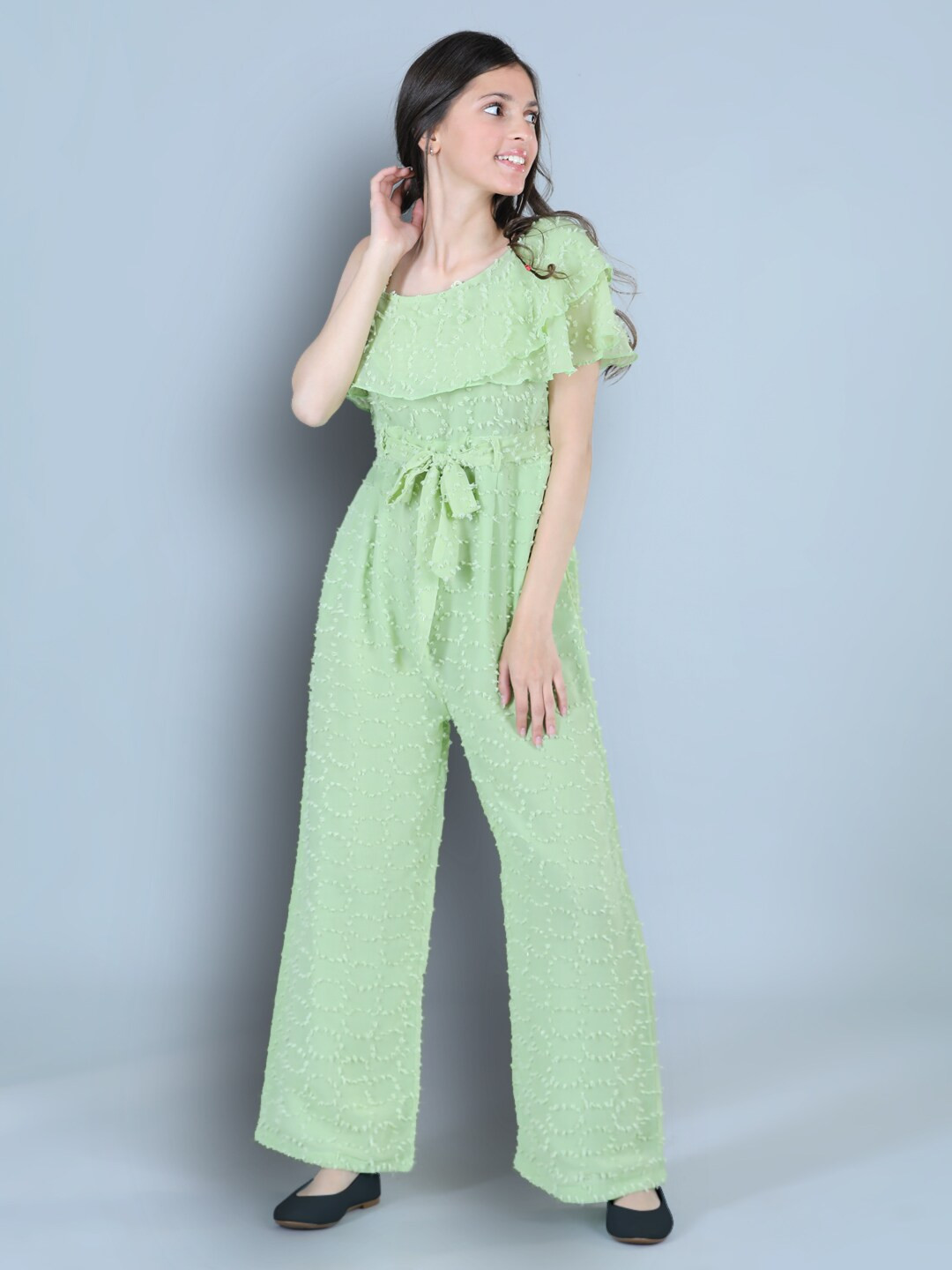 

Cutiekins Girls Dobby Dyed Georgette One Shoulder Jumpsuit, Lime green