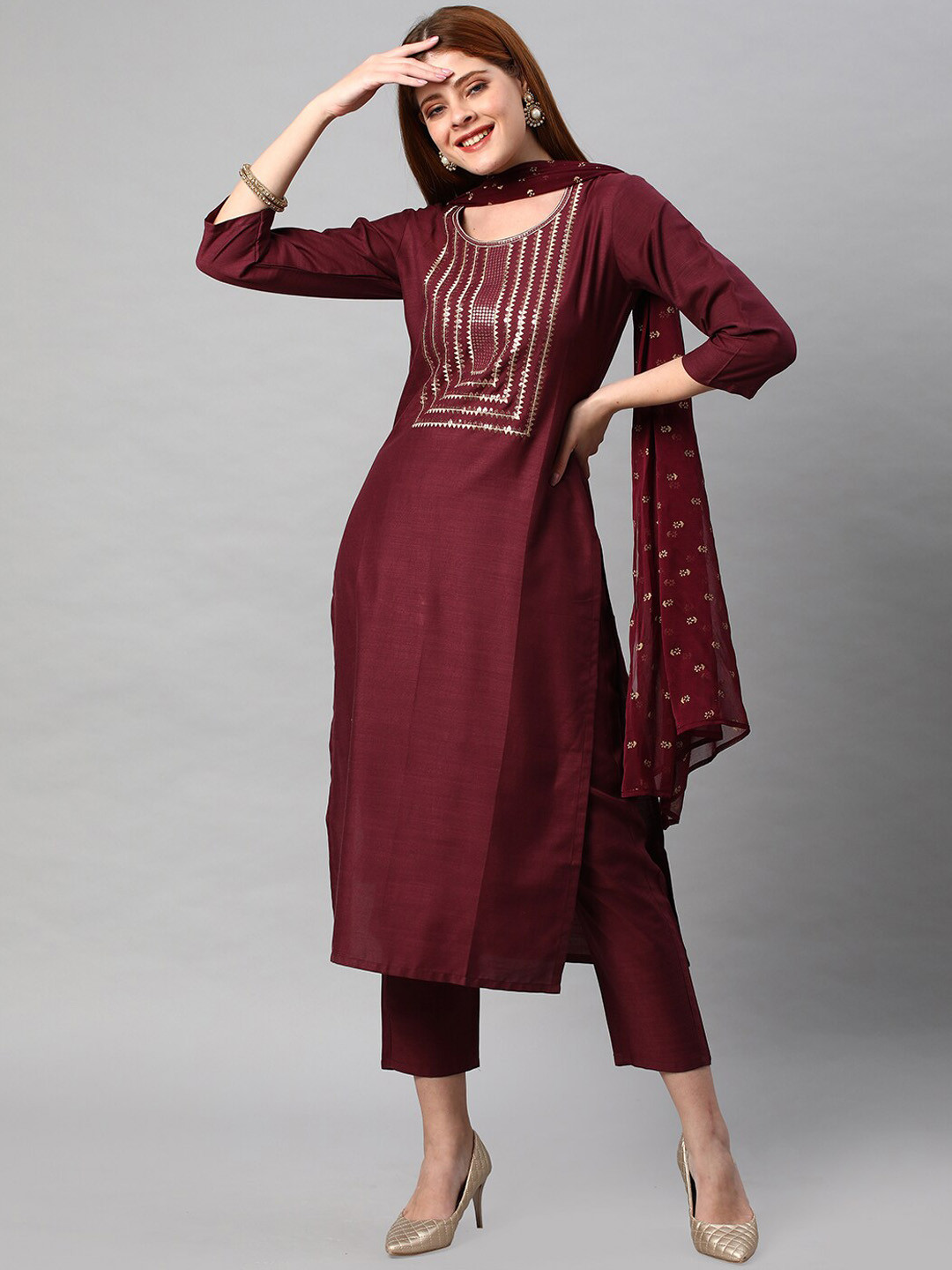 

KALINI Thread Work Kurta with Trousers & Dupatta, Burgundy