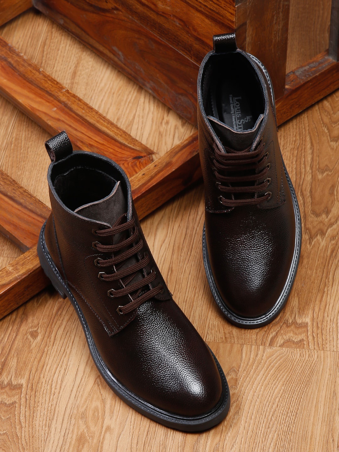 

LOUIS STITCH Men Textured Leather High-Top Biker Boots, Brown