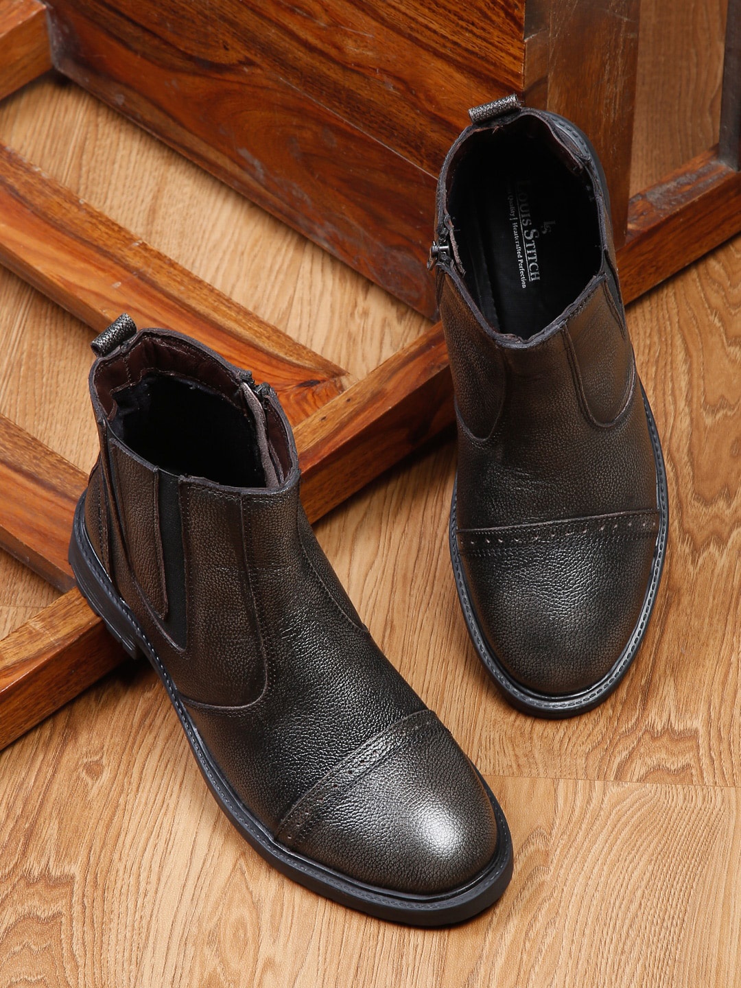 

LOUIS STITCH Men Leather Mid-Top Chelsea Boots, Brown