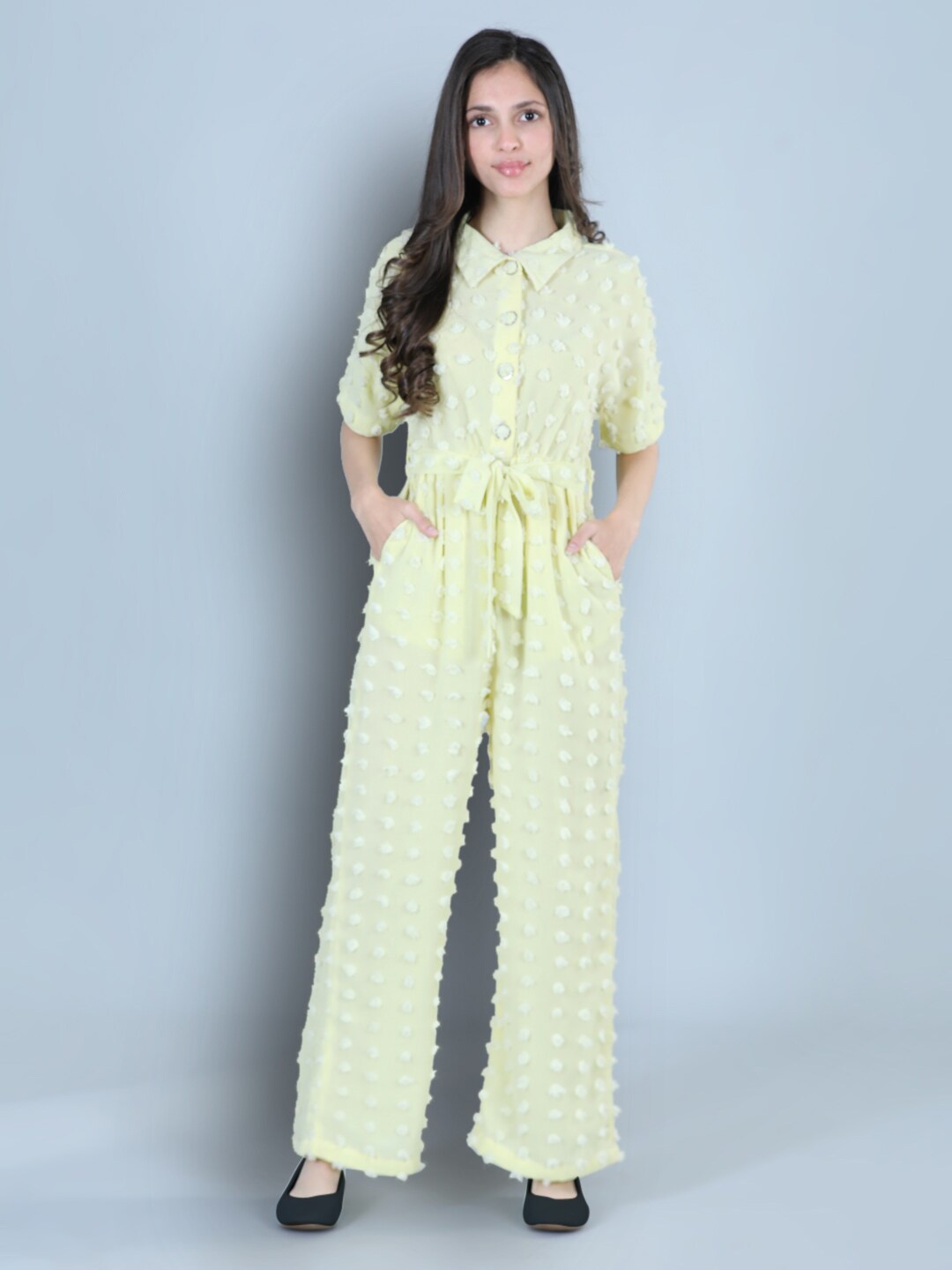 

Cutiekins Girls Self Design Shirt Collar Basic Jumpsuit, Yellow