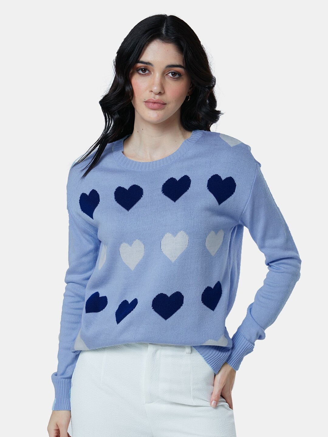 

The Souled Store Women Round Neck Printed Acrylic Pullover Sweater, Blue
