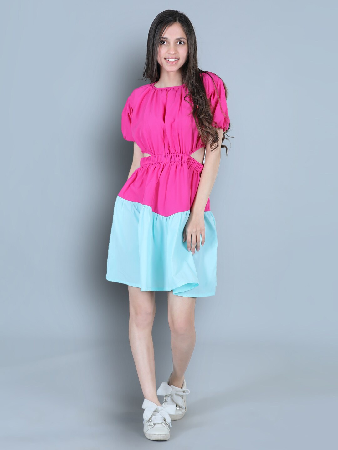 

Cutiekins Girls Round Neck Short Sleeves Colourblocked Crepe Dress, Pink