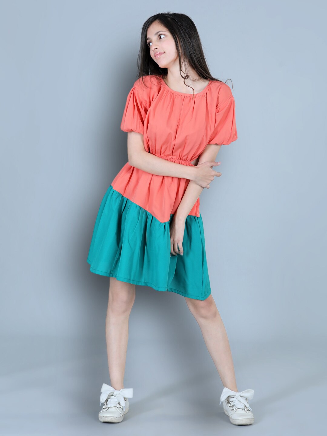 

Cutiekins Girls Round Neck Short Sleeves Colourblocked Crepe Dress, Peach