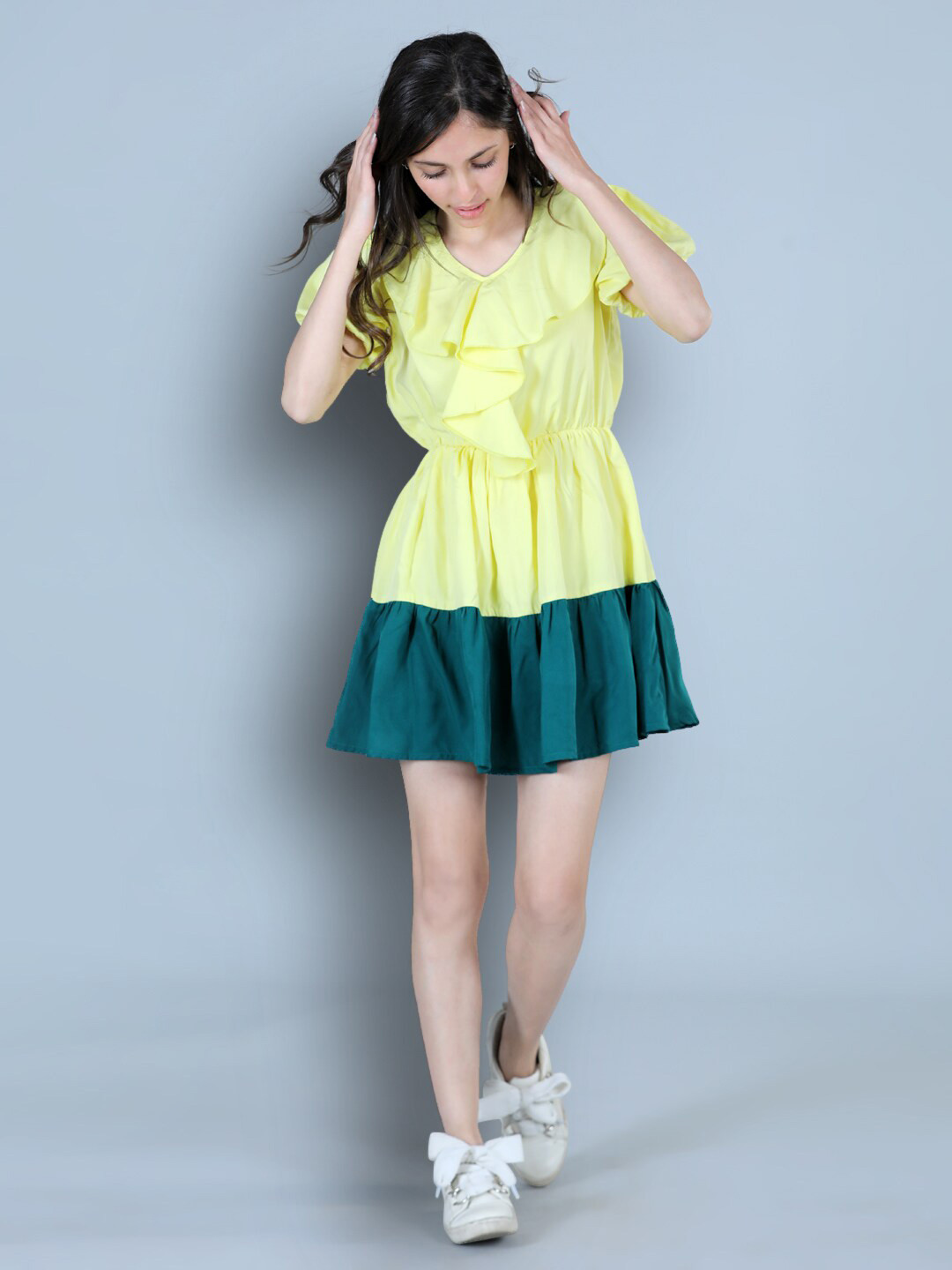 

Cutiekins Girls V- Neck Short Sleeves Colourblocked Crepe Dress, Yellow