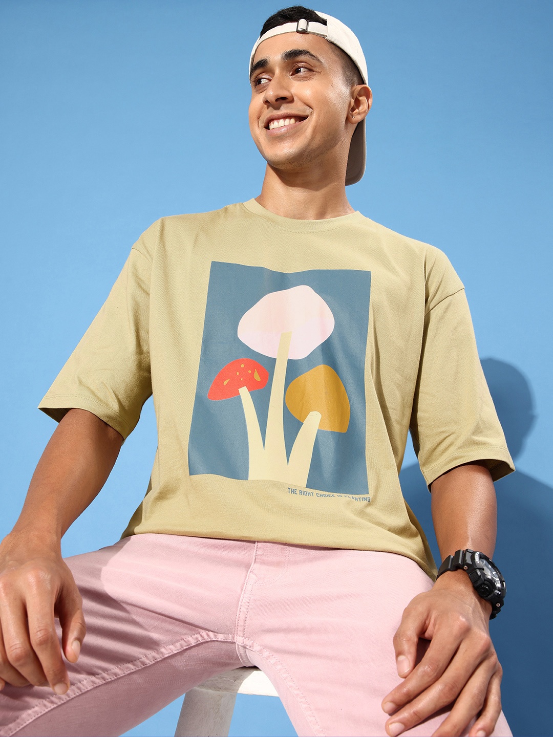 

Kook N Keech Earthy Khaki Flower Power Printed Drop-Shoulder Sleeves Pure Cotton T-shirt