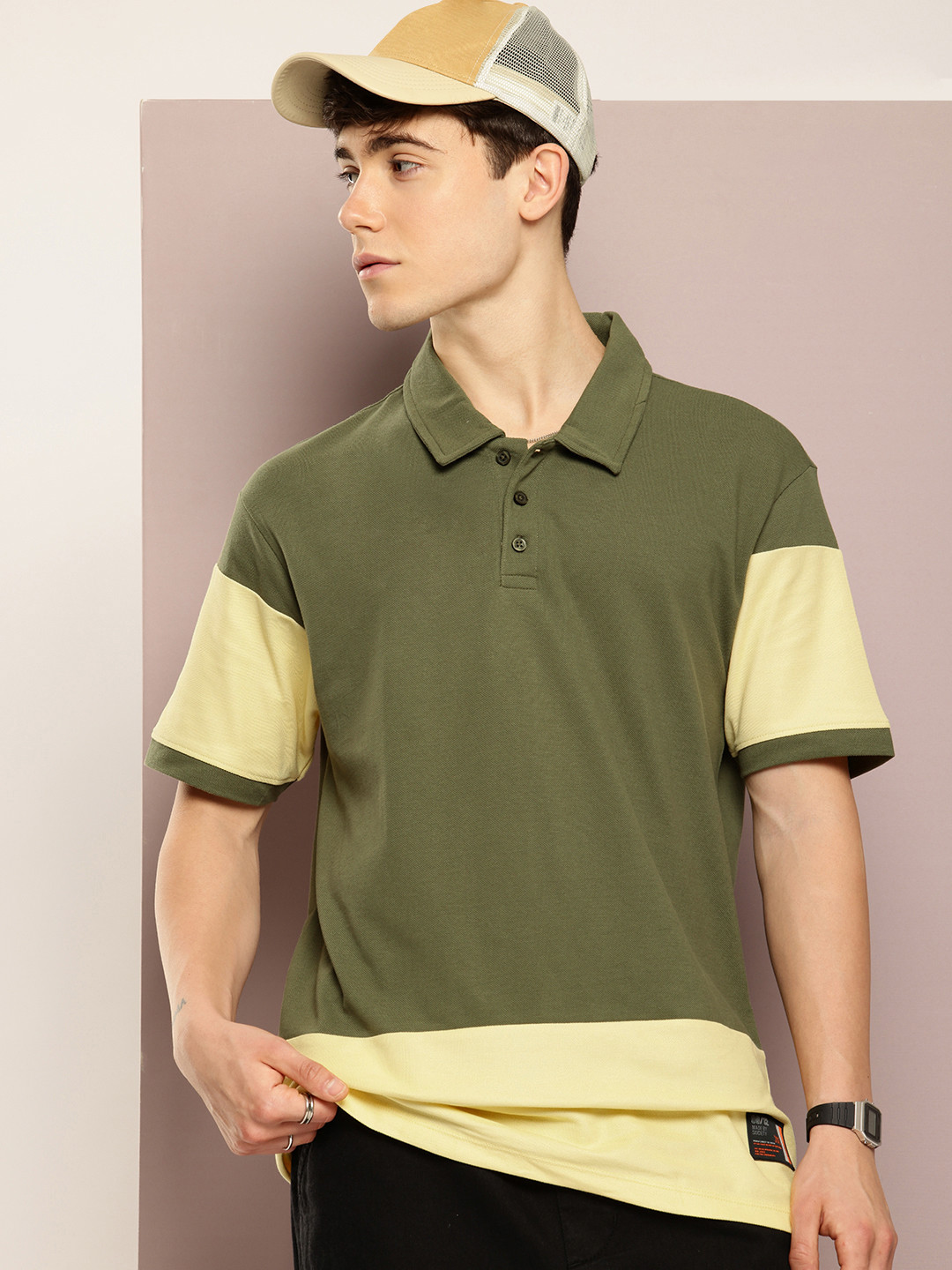 

Kook N Keech Colourblocked Polo Collar Drop-Shoulder Sleeves Oversized Pure Cotton T-shirt, Olive