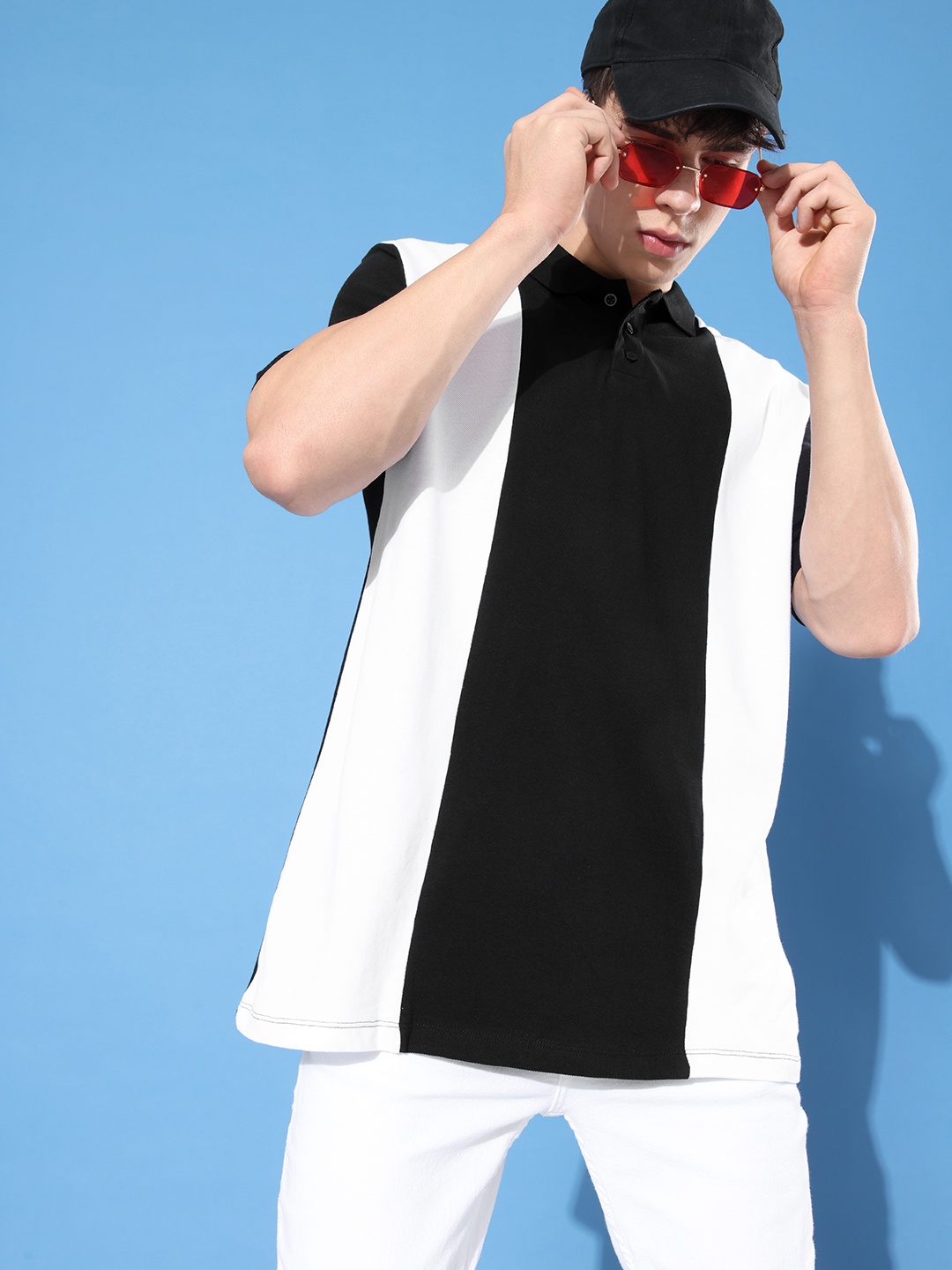 

Kook N Keech Colourblocked Polo Collar Pure Cotton Oversize T-shirt, Black