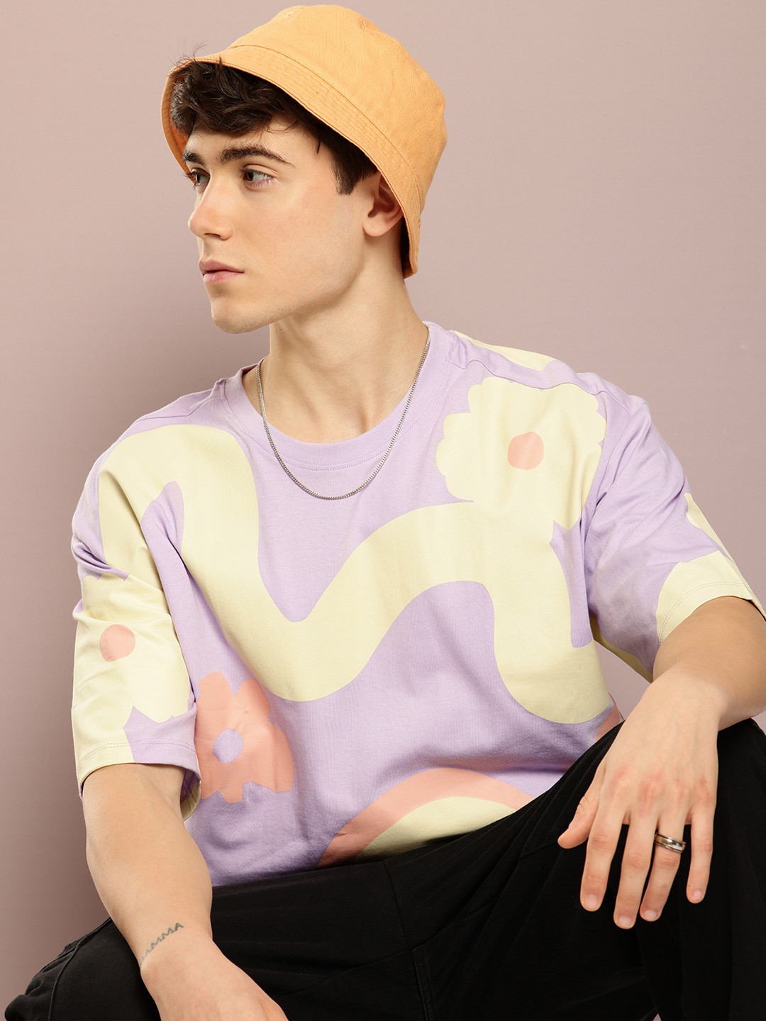 

Kook N Keech Floral Printed Drop-Shoulder Sleeves Oversized Pure Cotton T-shirt, Lavender