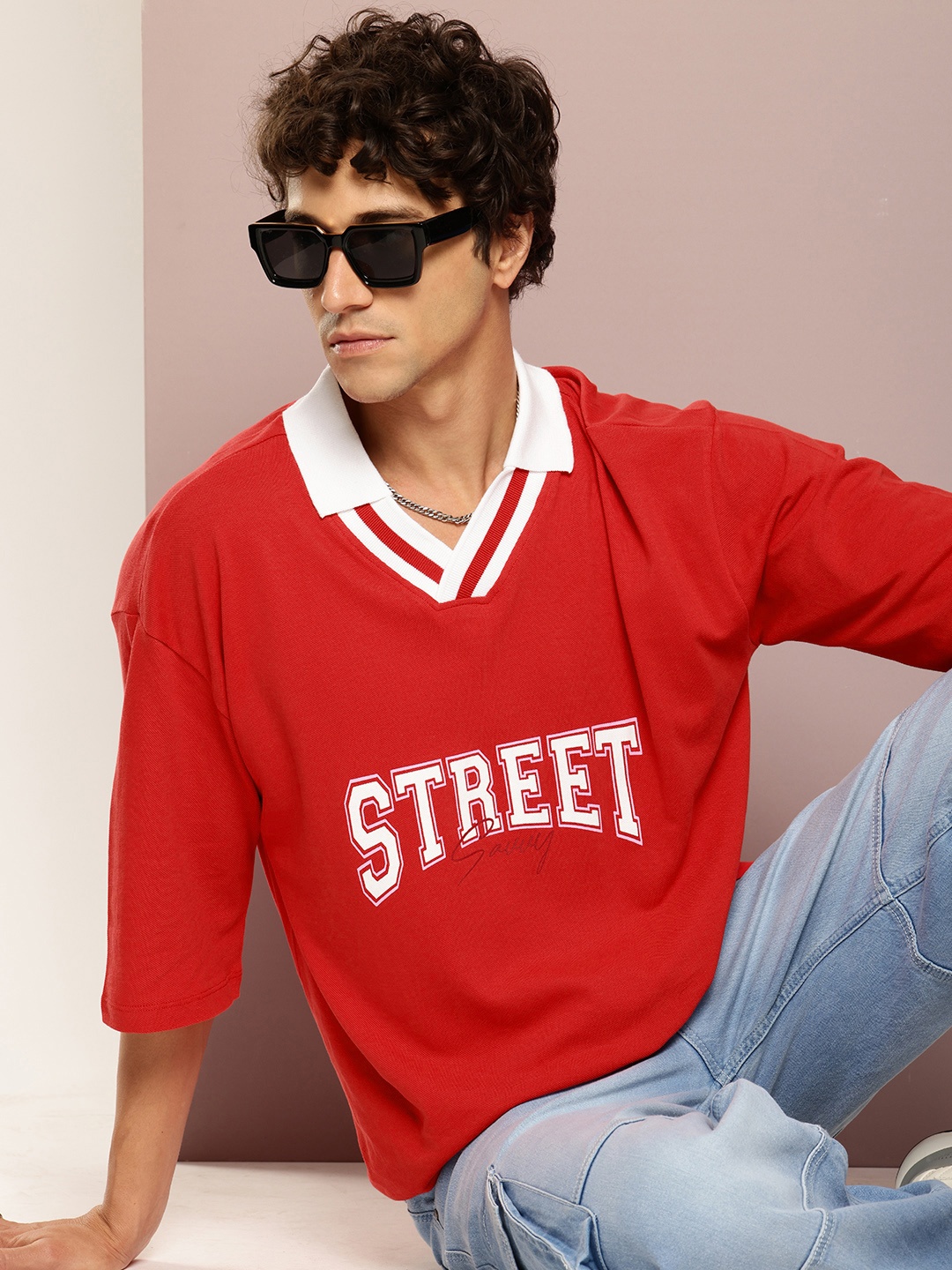 

Kook N Keech Printed Polo Collar Drop-Shoulder Sleeves Oversized Pure Cotton T-shirt, Red