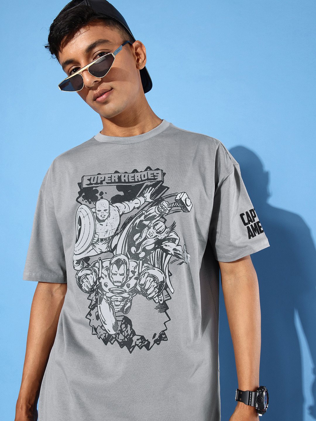 

Kook N Keech Marvel Printed Drop-Shoulder Sleeves Pure Cotton Oversized T-shirt, Grey