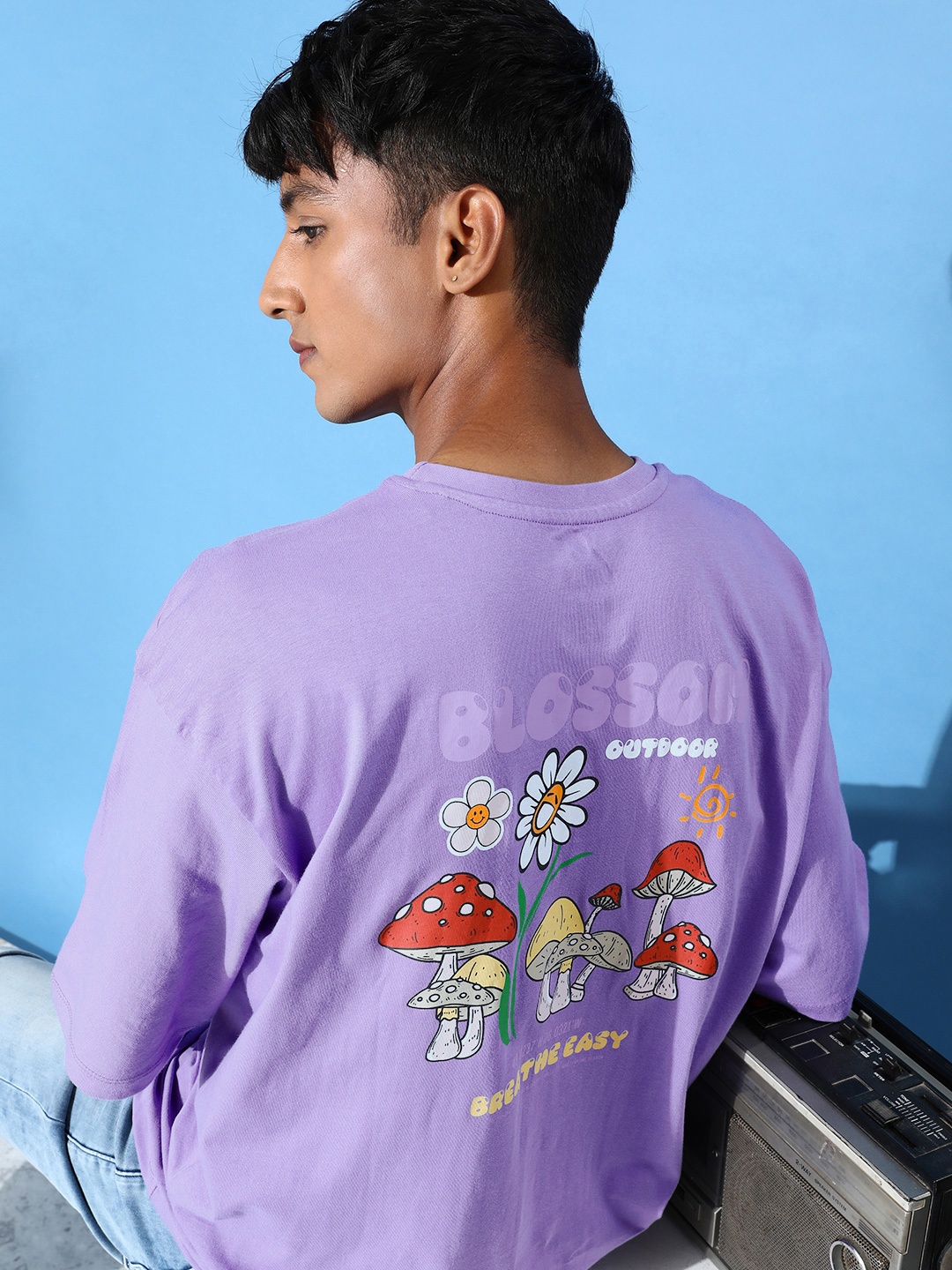 

Kook N Keech Printed Drop-Shoulder Sleeves Oversized Pure Cotton T-shirt, Purple