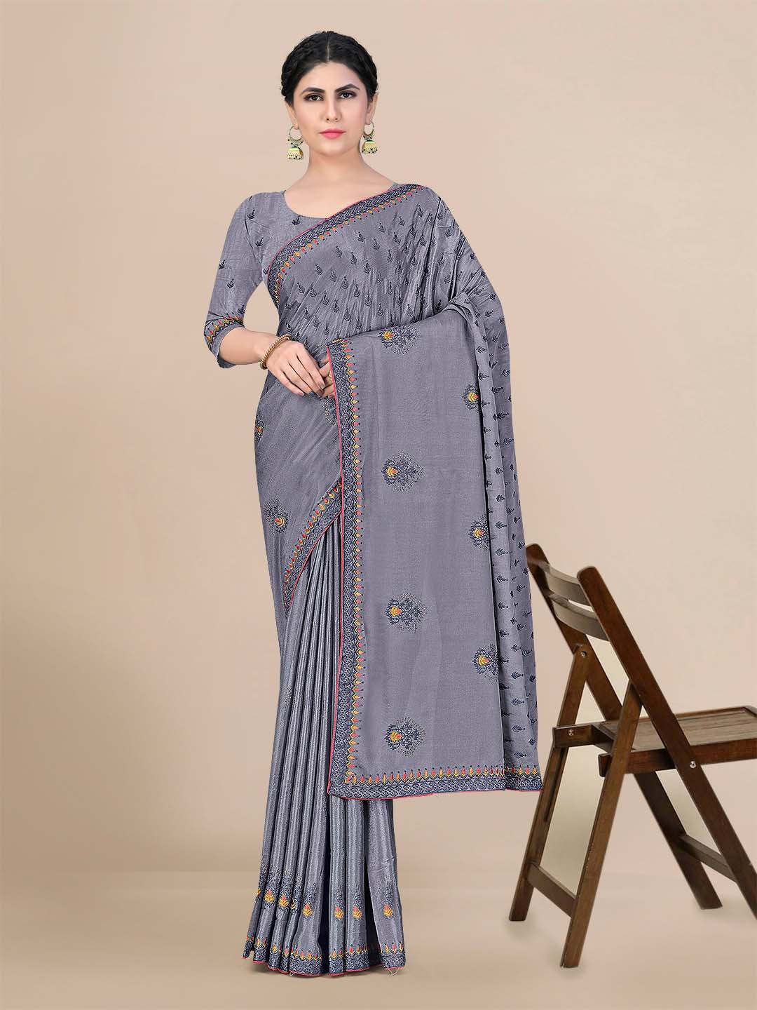 

Mitera Ethnic Motifs Embroidered Pure Silk Banarasi Saree, Grey