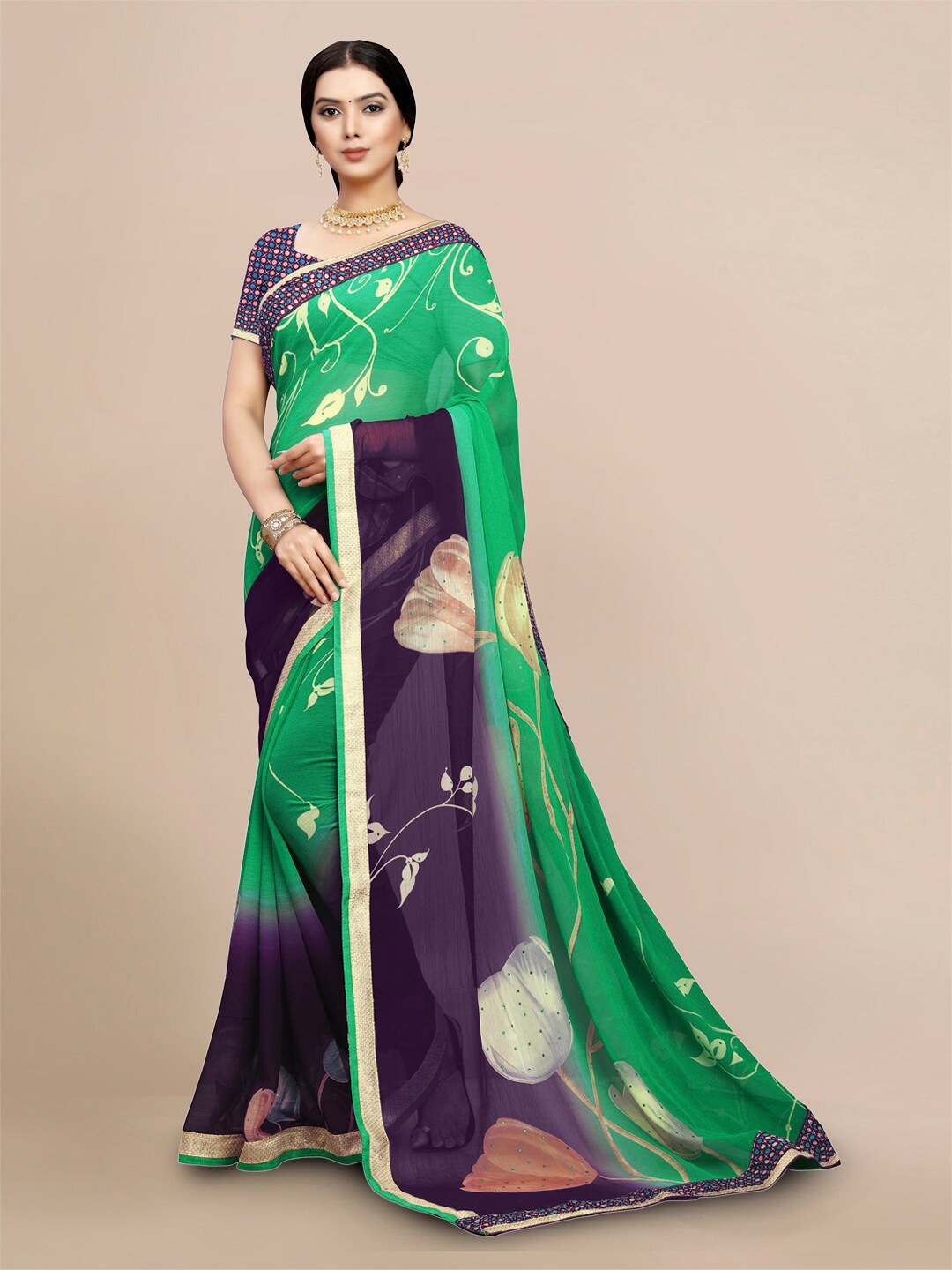 

Mitera Floral Mukaish Pure Chiffon Chanderi Saree, Green