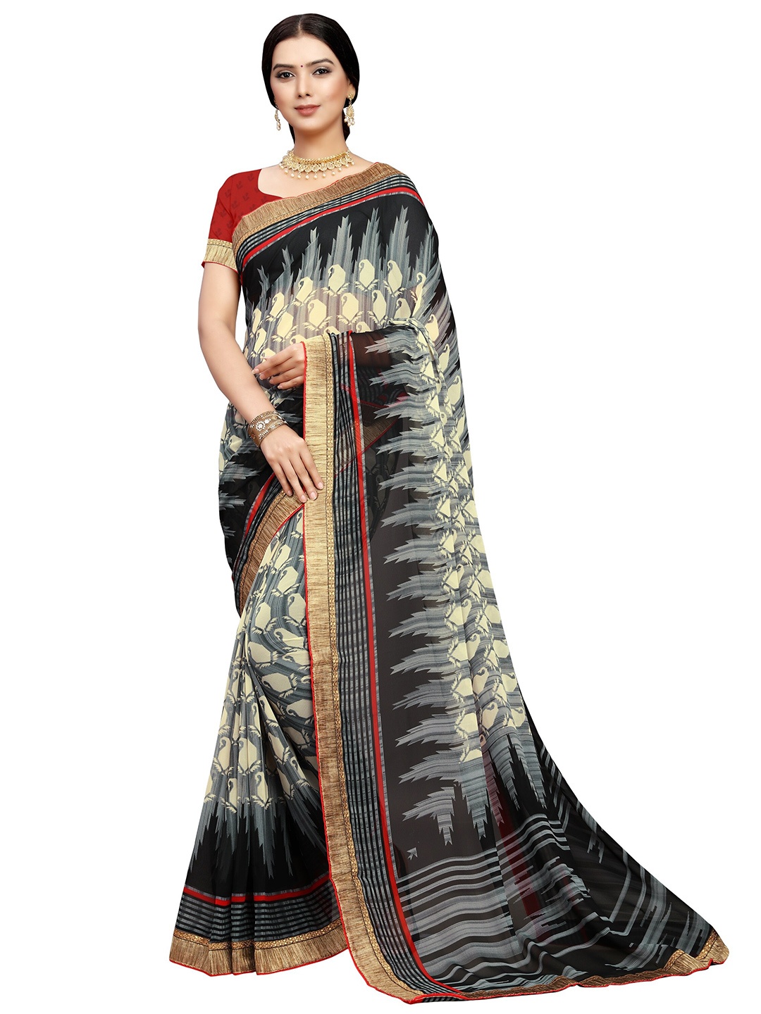 

Mitera Paisley Pure Georgette Chanderi Saree, Black