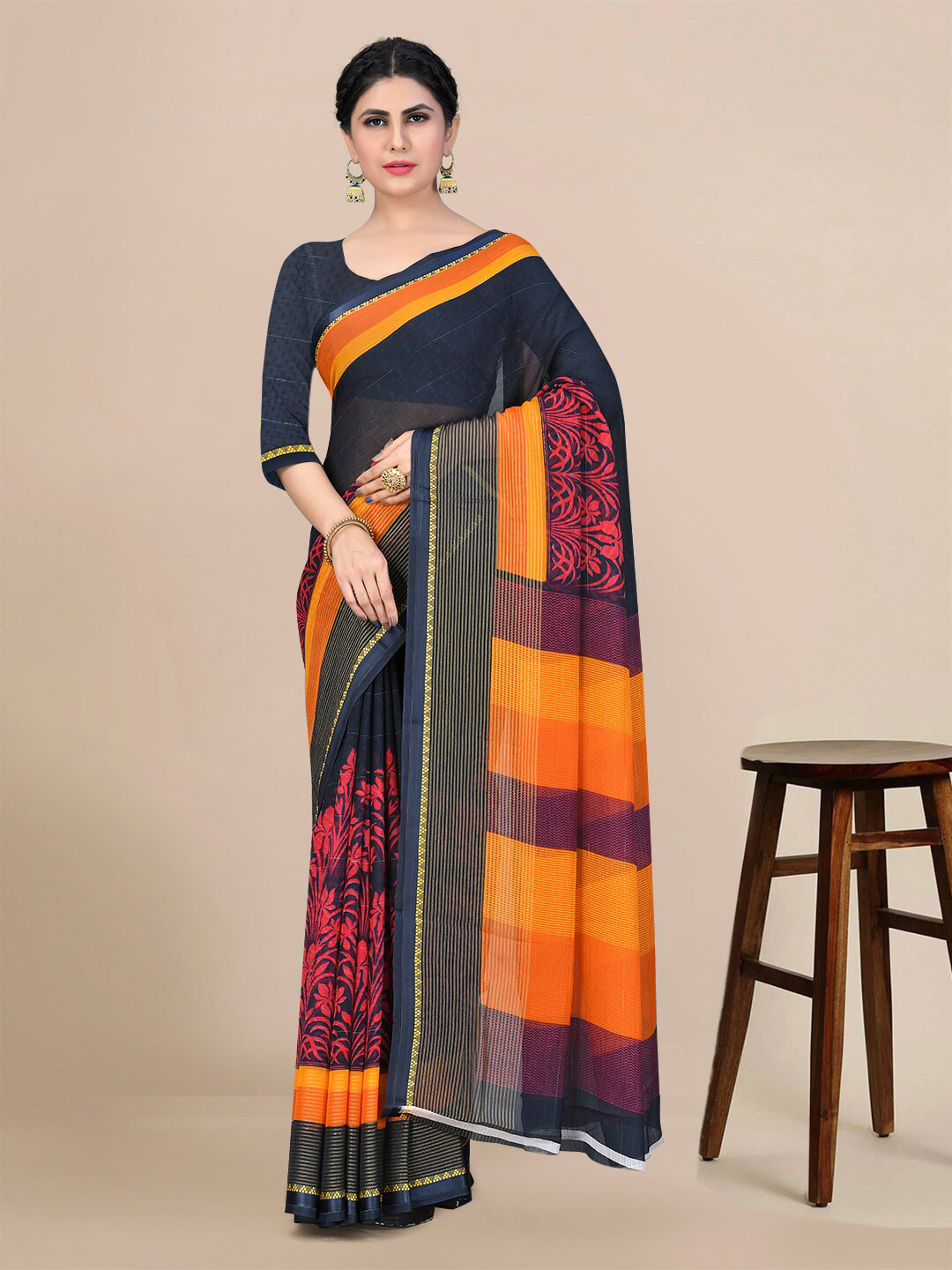 

Mitera Floral Pure Chiffon Fusion Chanderi Saree, Blue