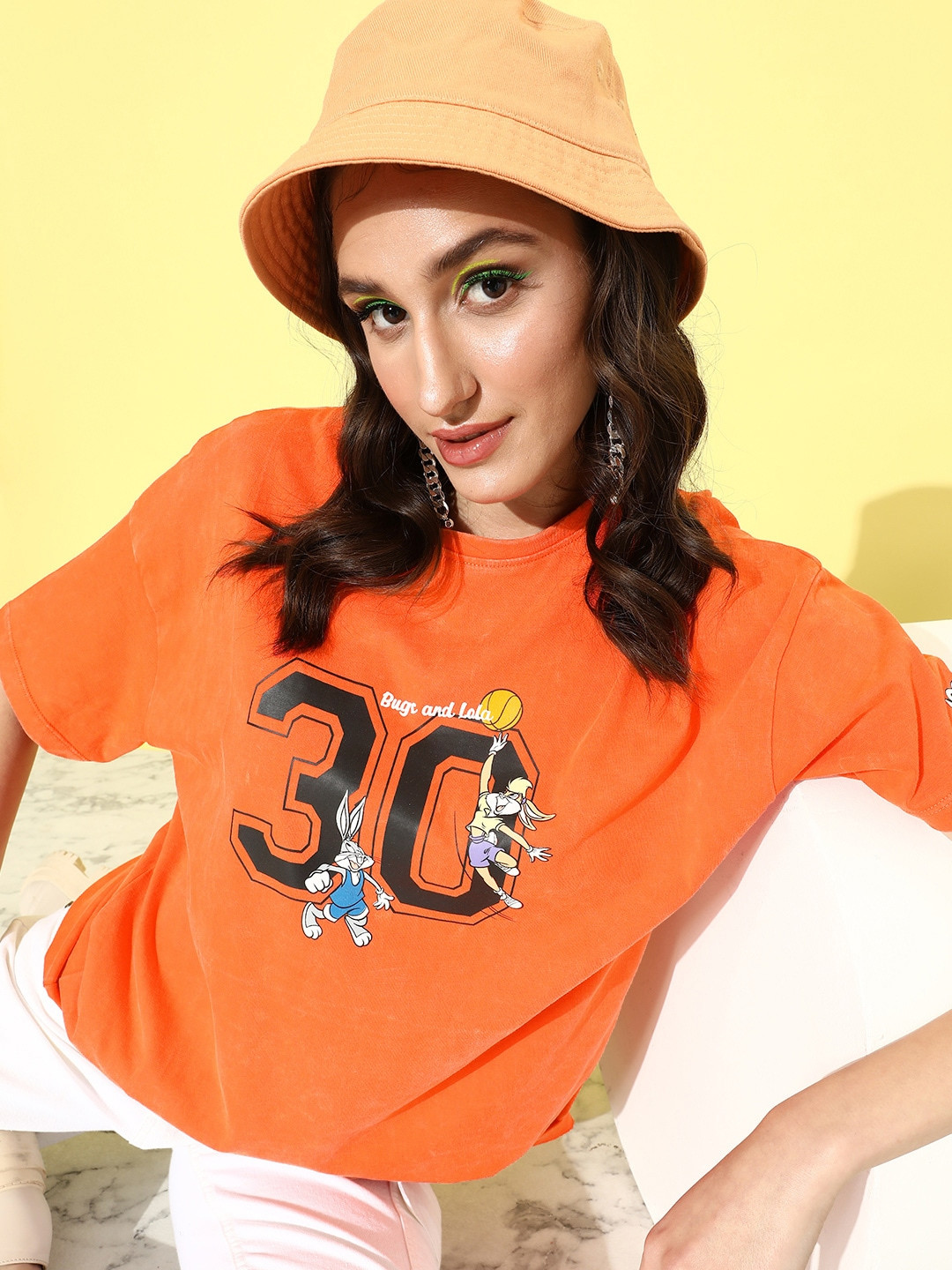 

Kook N Keech Looney Tunes Funky Orange Printed Pure Cotton Graphic High Oversized T-shirt