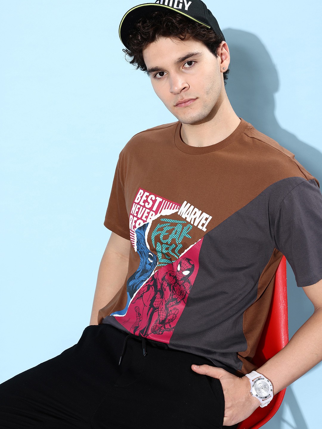 

Kook N Keech Marvel Brown & Grey Colourblocked & Marvel Printed Pop Punk Cotton Oversize T-shirt