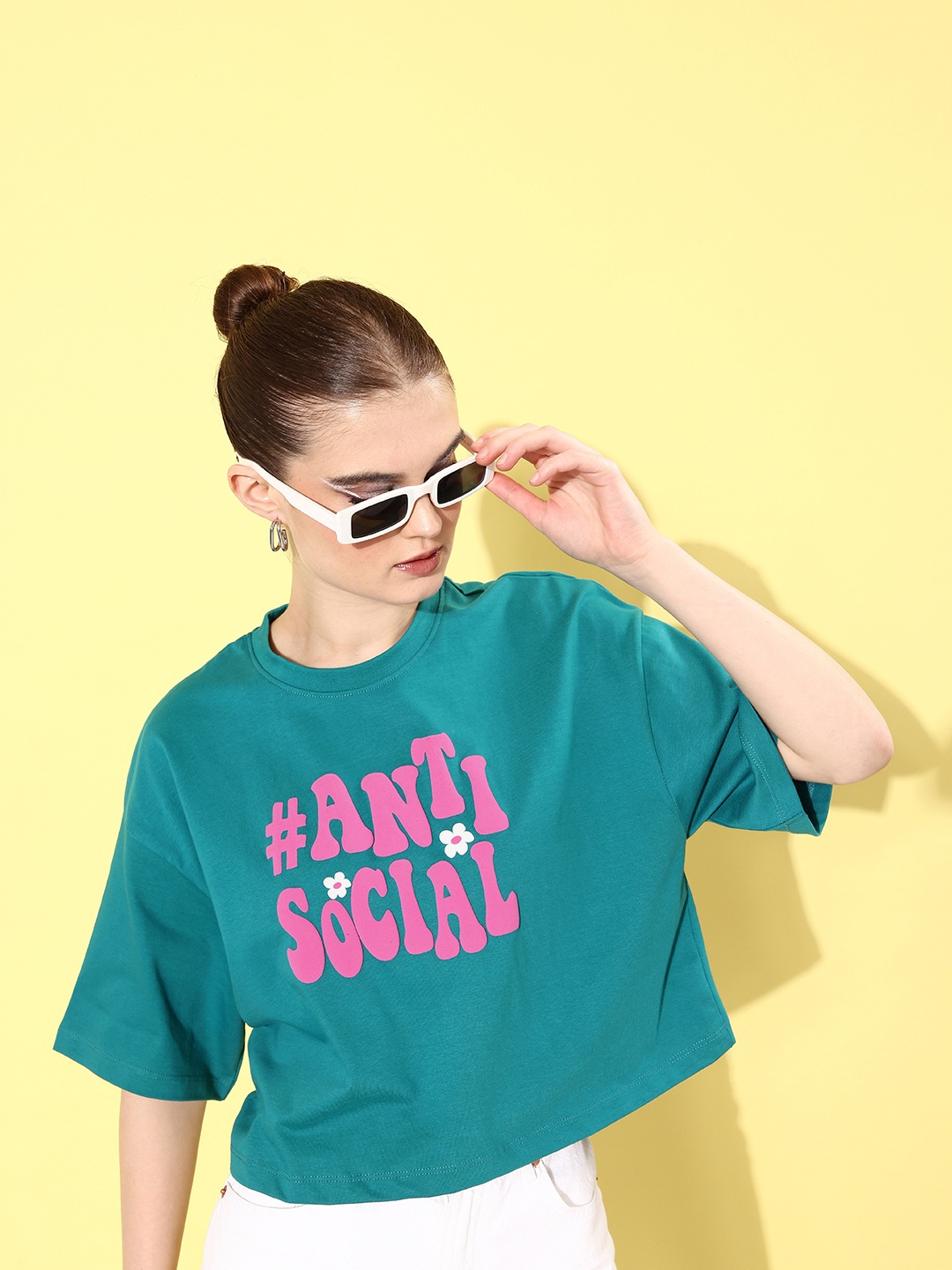

Kook N Keech Teal Green Printed Drop Shoulder Pure Cotton Graphic High Boxy Crop T-shirt