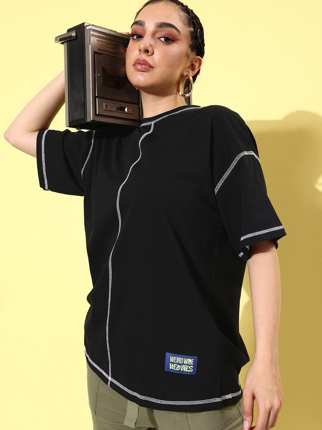 

Kook N Keech Jet Black Pure Cotton Oversized Vacay Chill Graphic High T-shirt