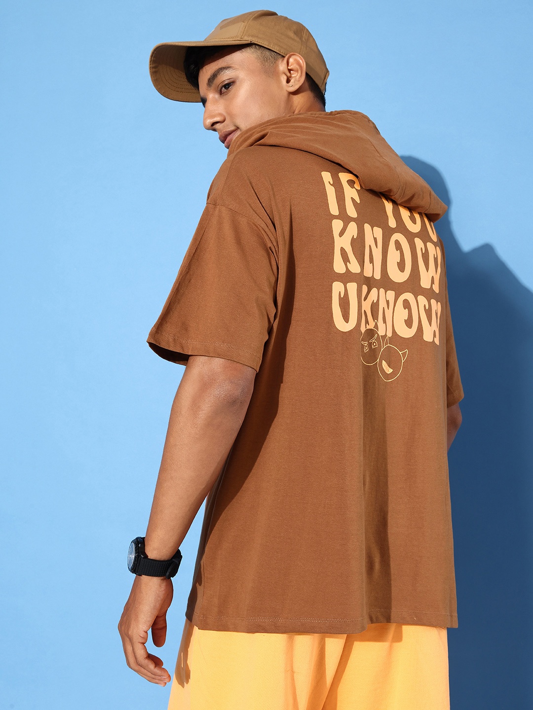 

Kook N Keech Emoji Typography Printed Hooded Drop-Shoulder Sleeves Pure Cotton T-shirt, Brown