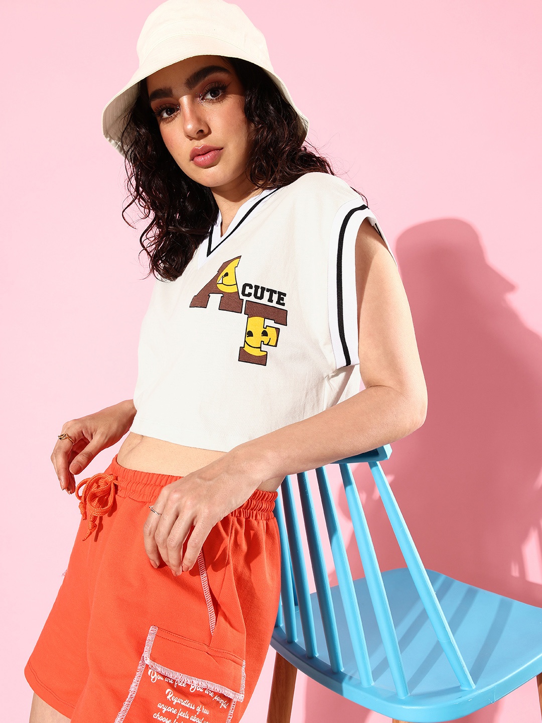 

Kook N Keech Emoji Cool White Graphic High V-Neck Pure Cotton Sleeveless Boxy T-shirt
