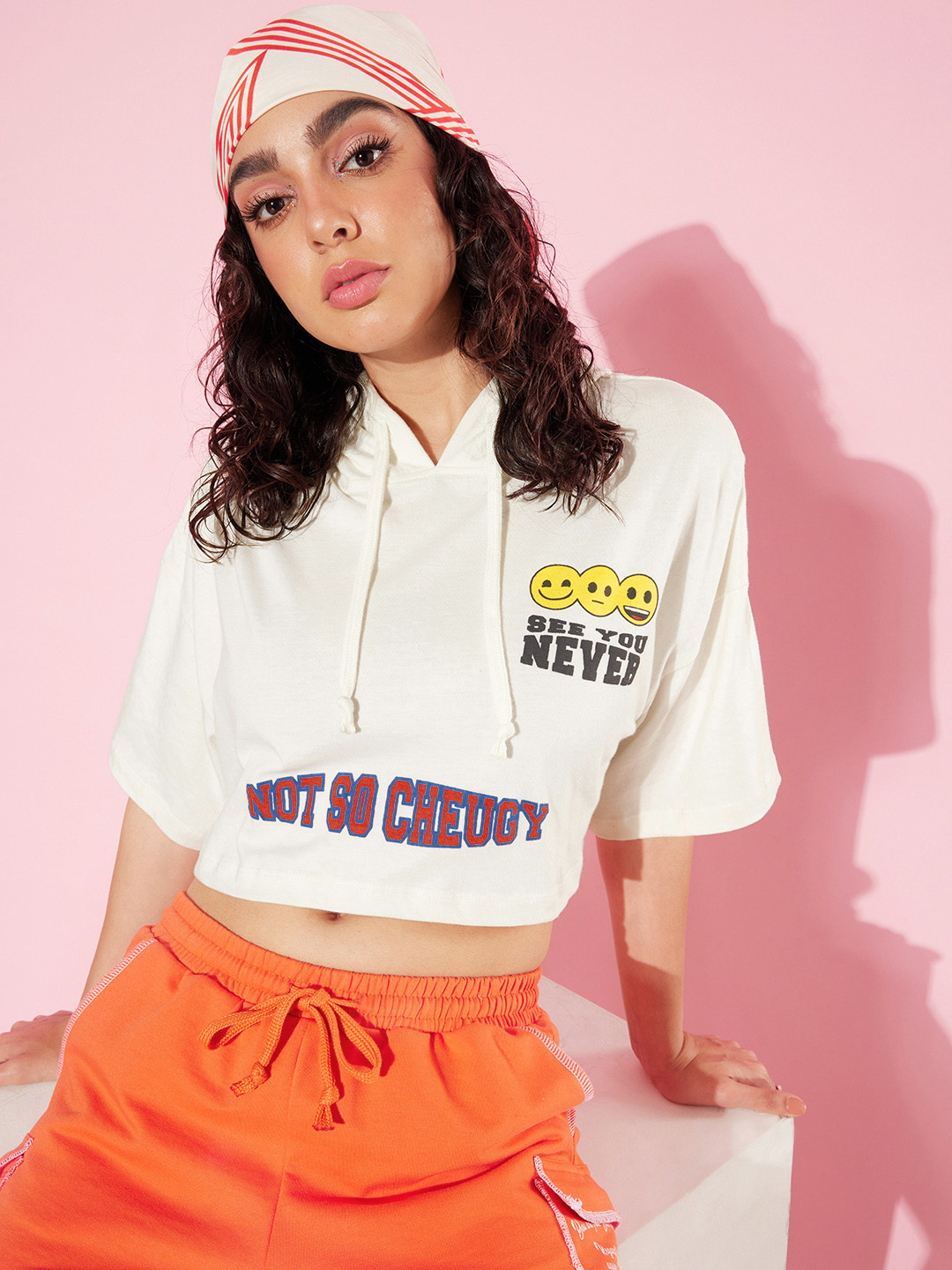 

Kook N Keech Emoji Cool White Graphic High Hooded Pure Cotton Oversized Crop T-shirt