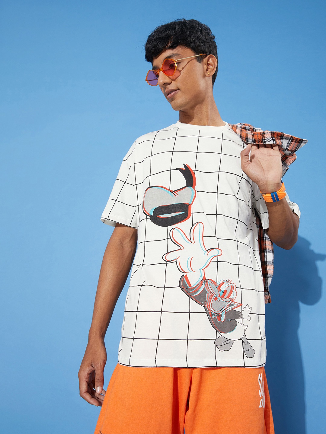 

Kook N Keech Disney Misty White Pure Cotton Donald Duck Love Infused Checks T-shirt