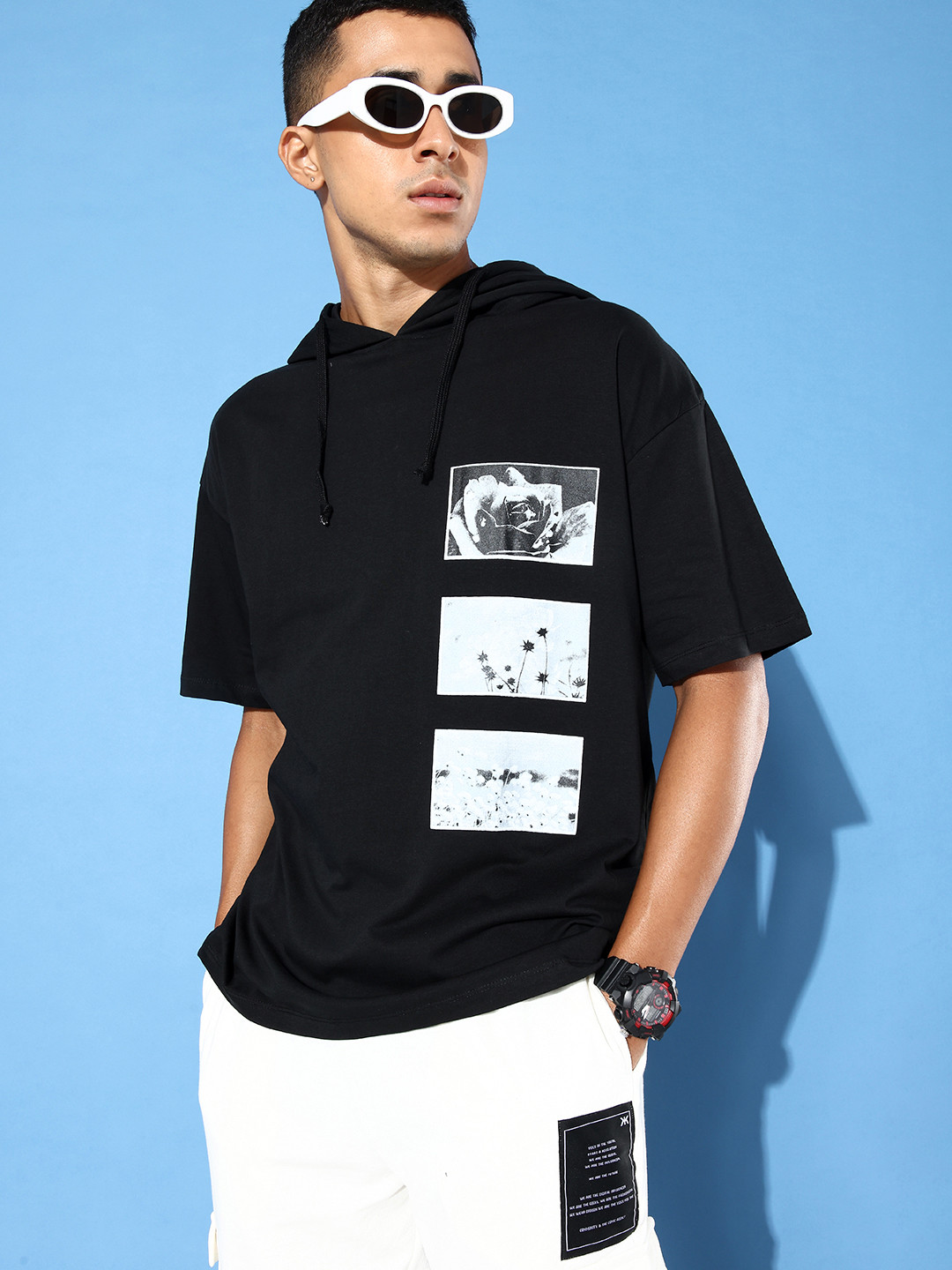 

Kook N Keech Emoji Printed Hooded Drop-Shoulder Sleeves Oversize Pure Cotton T-shirt, Black