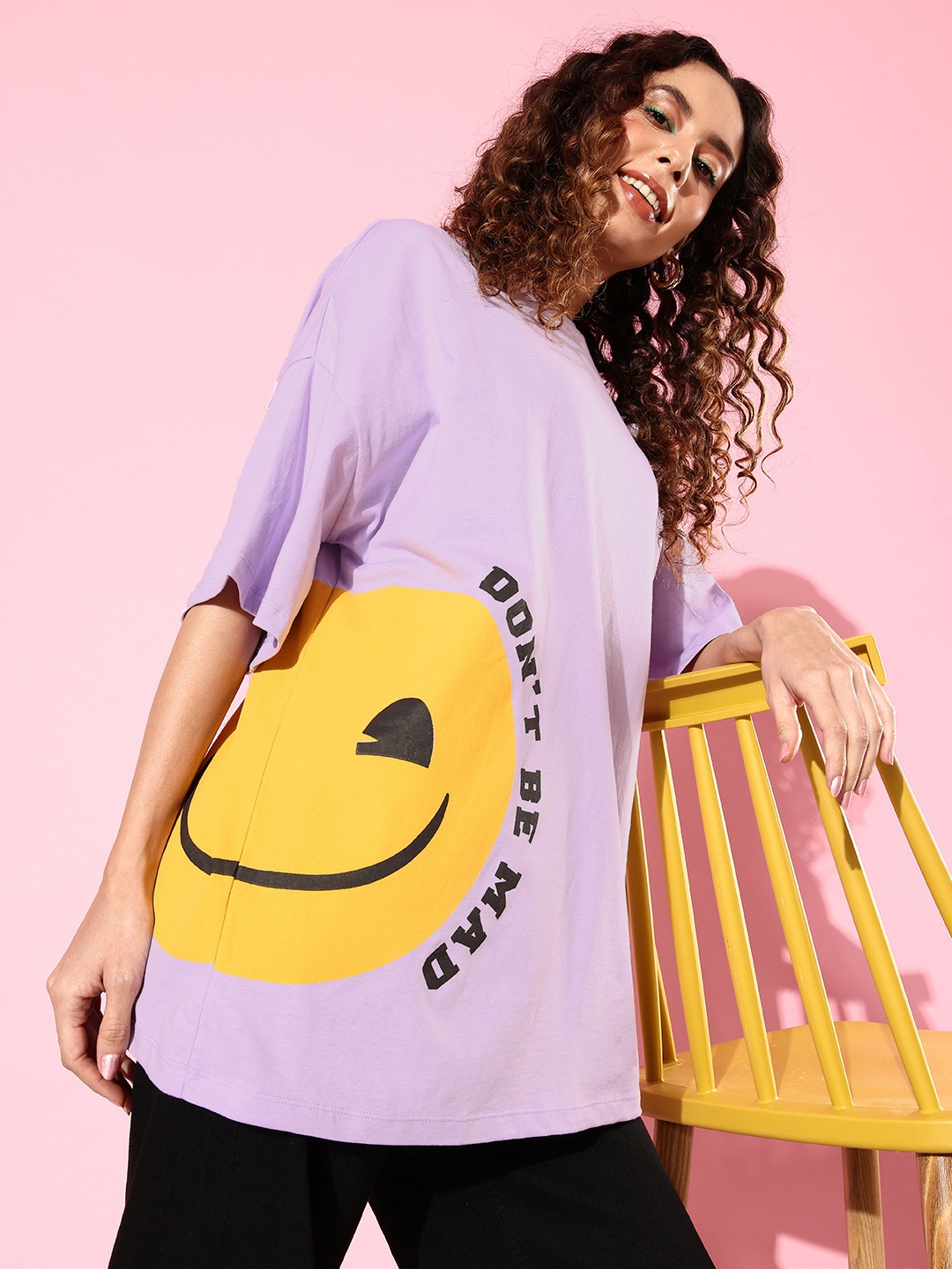 

Kook N Keech Emoji Women Lilac Lavender Pure Cotton 90's Poster Graphics Oversized T-shirt