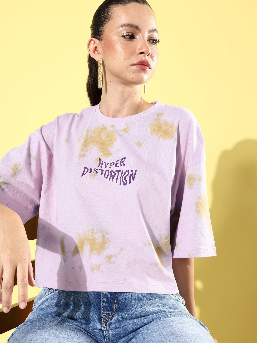 

Kook N Keech Pretty Lavender Chill Graphic High Printed Dyed Pure Cotton Boxy Crop T-shirt