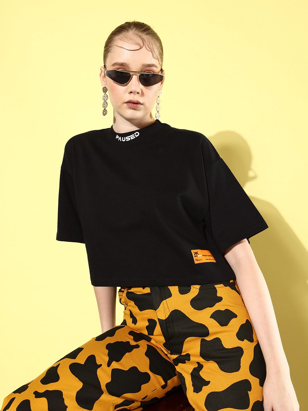 

Kook N Keech Jet Black Vacay Chill Graphic High Drop-Shoulder Sleeves Cotton Boxy Oversize T-shirt