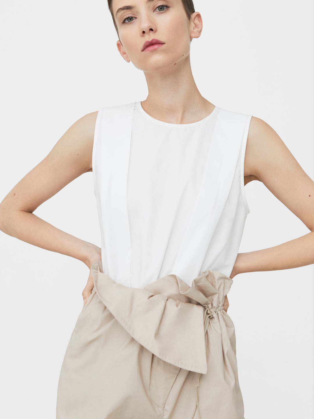 

MANGO Women White Solid Blouson Pure Cotton Top