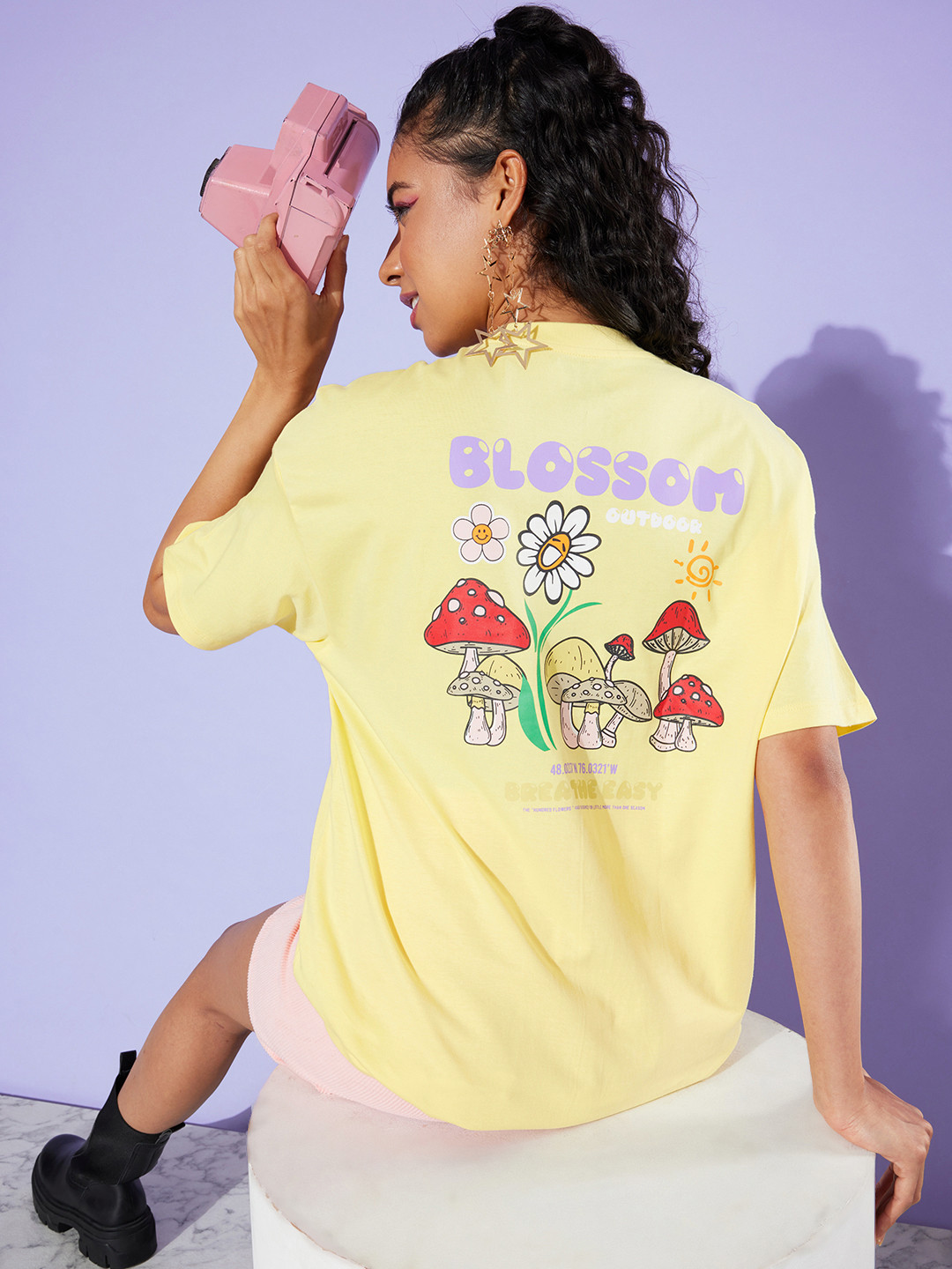 

Kook N Keech Women Lit Yellow Pure Cotton 90's Hollaback Poster Graphics Oversized T-shirt