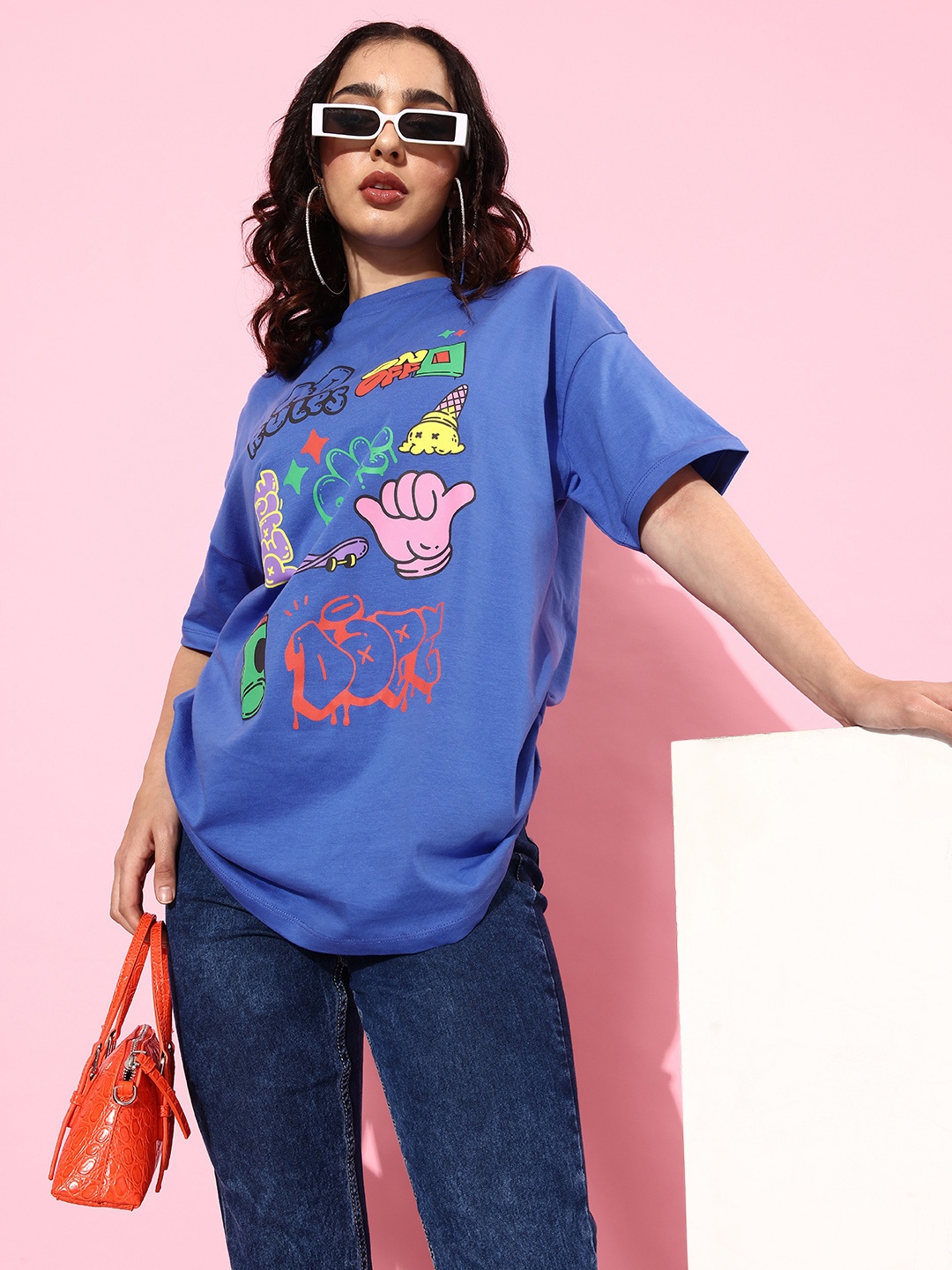 

Kook N Keech Women Royal Blue Printed Pure Cotton Hollaback Poster Graphics T-shirt