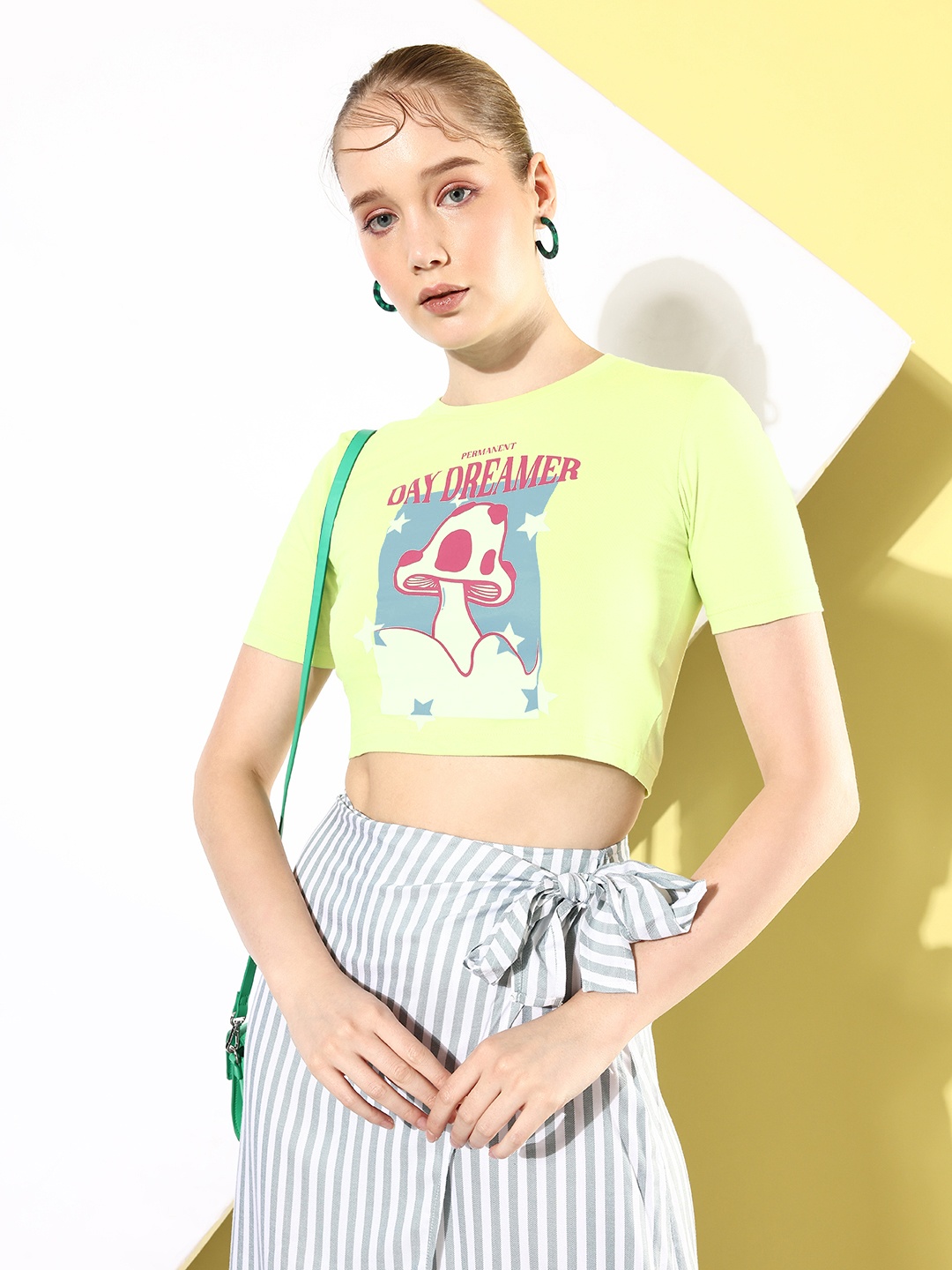 

Kook N Keech Leafy Green Slim Fit Vacay Chill Graphic High Printed Cotton Crop T-shirt