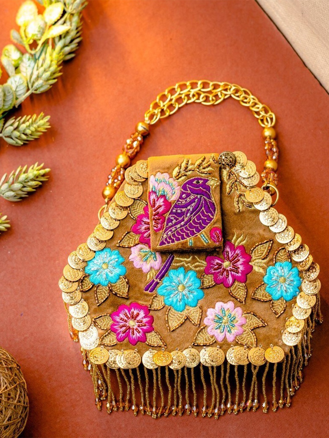 

NR By Nidhi Rathi Embroidered Embellished Foldover Clutch, Gold