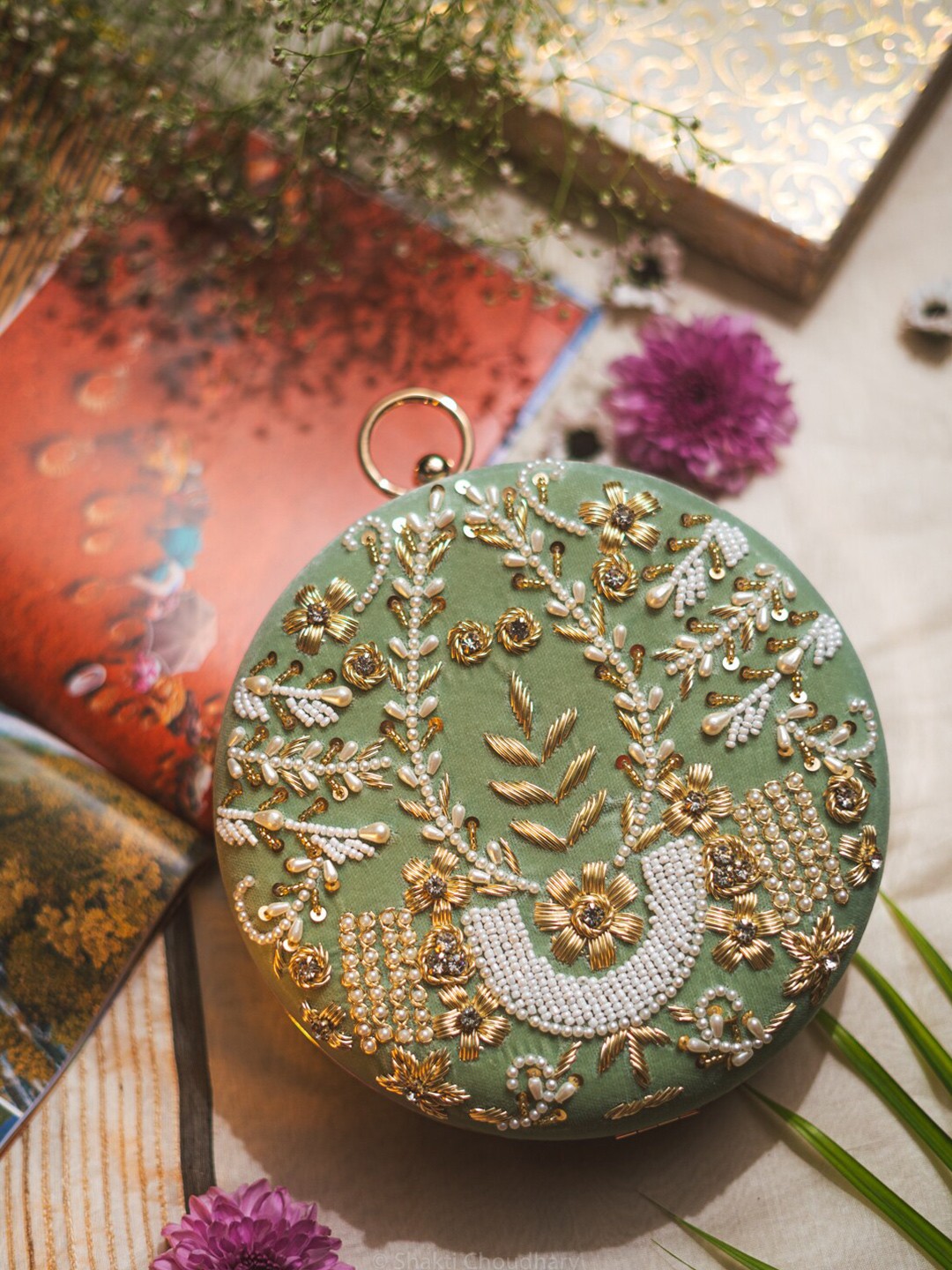

NR By Nidhi Rathi Embroidered Box Clutch, Green