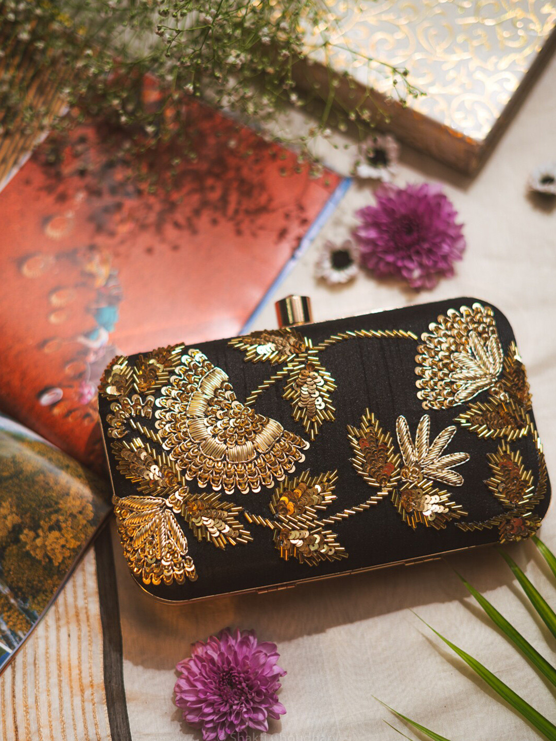 

NR By Nidhi Rathi Embroidered Box Clutch, Black
