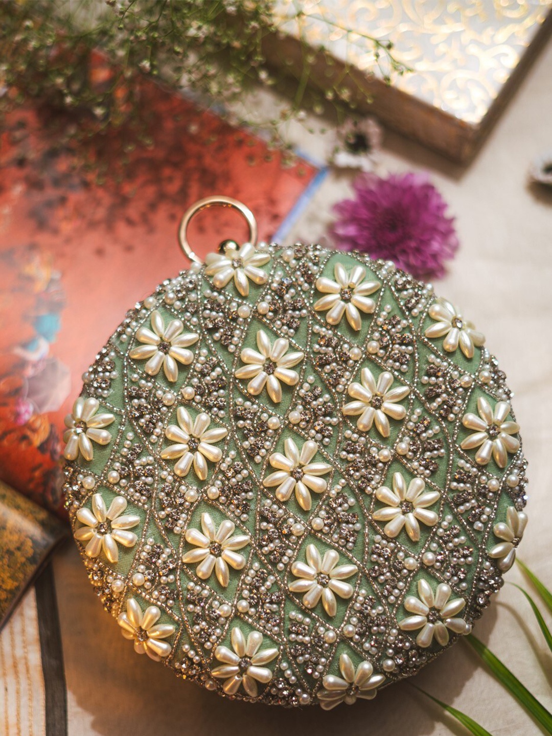 

NR By Nidhi Rathi Embroidered Embroidered Box Clutch, Green