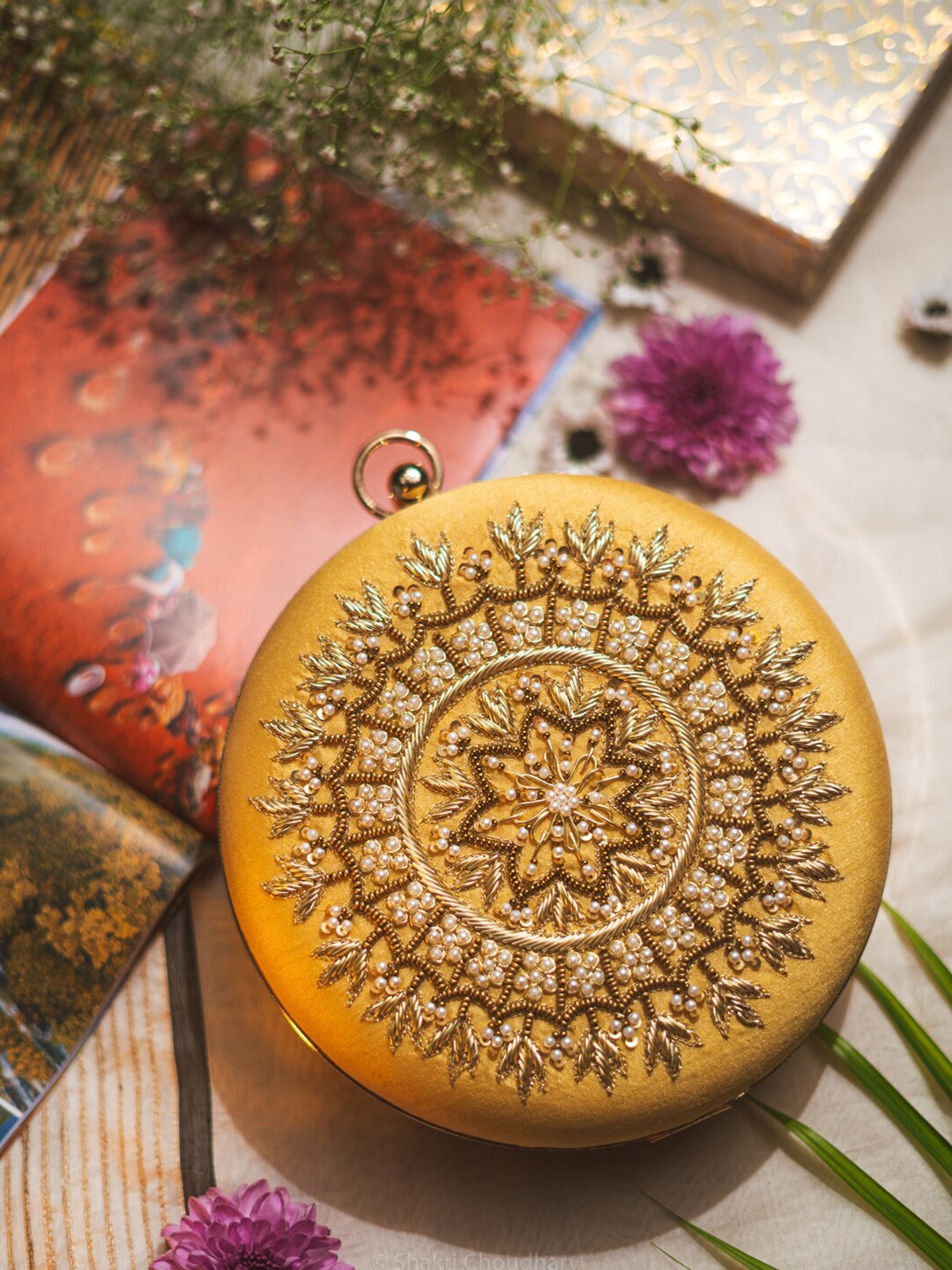 

NR By Nidhi Rathi Embroidered Box Clutch, Gold