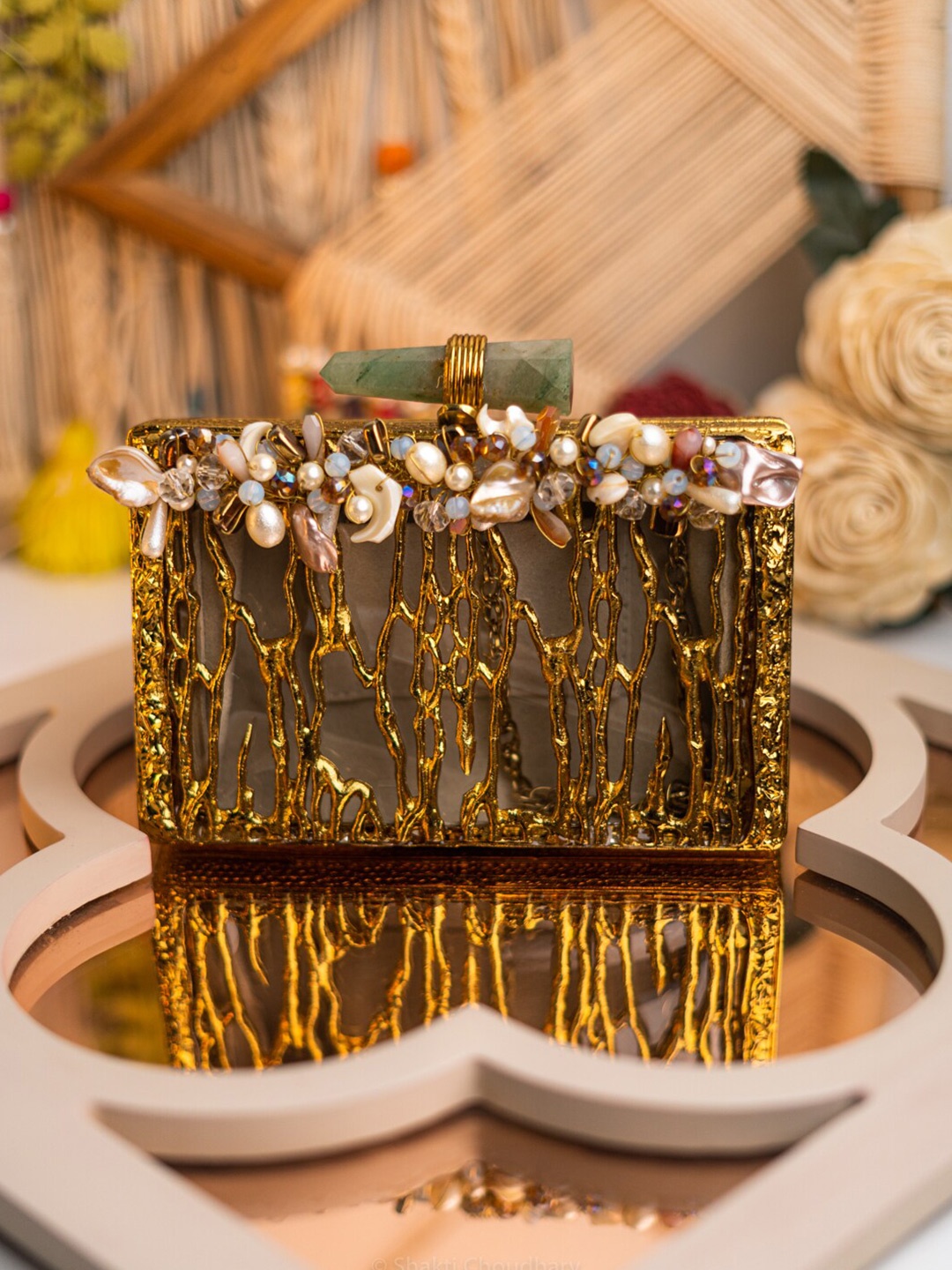 

NR By Nidhi Rathi Embellished Embellished Box Clutch, Gold