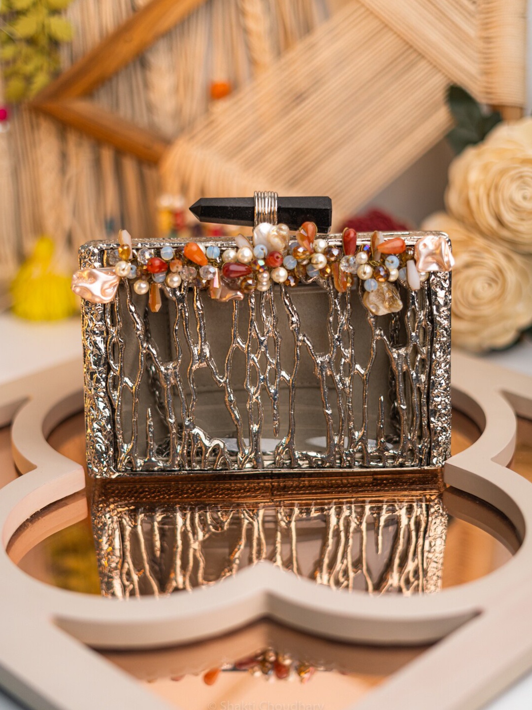 

NR By Nidhi Rathi Embellished Box Clutch, Silver