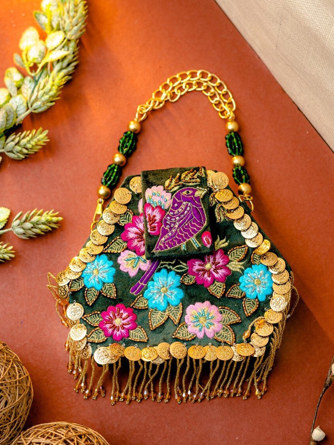 

NR By Nidhi Rathi Embroidered Box Clutch, Green