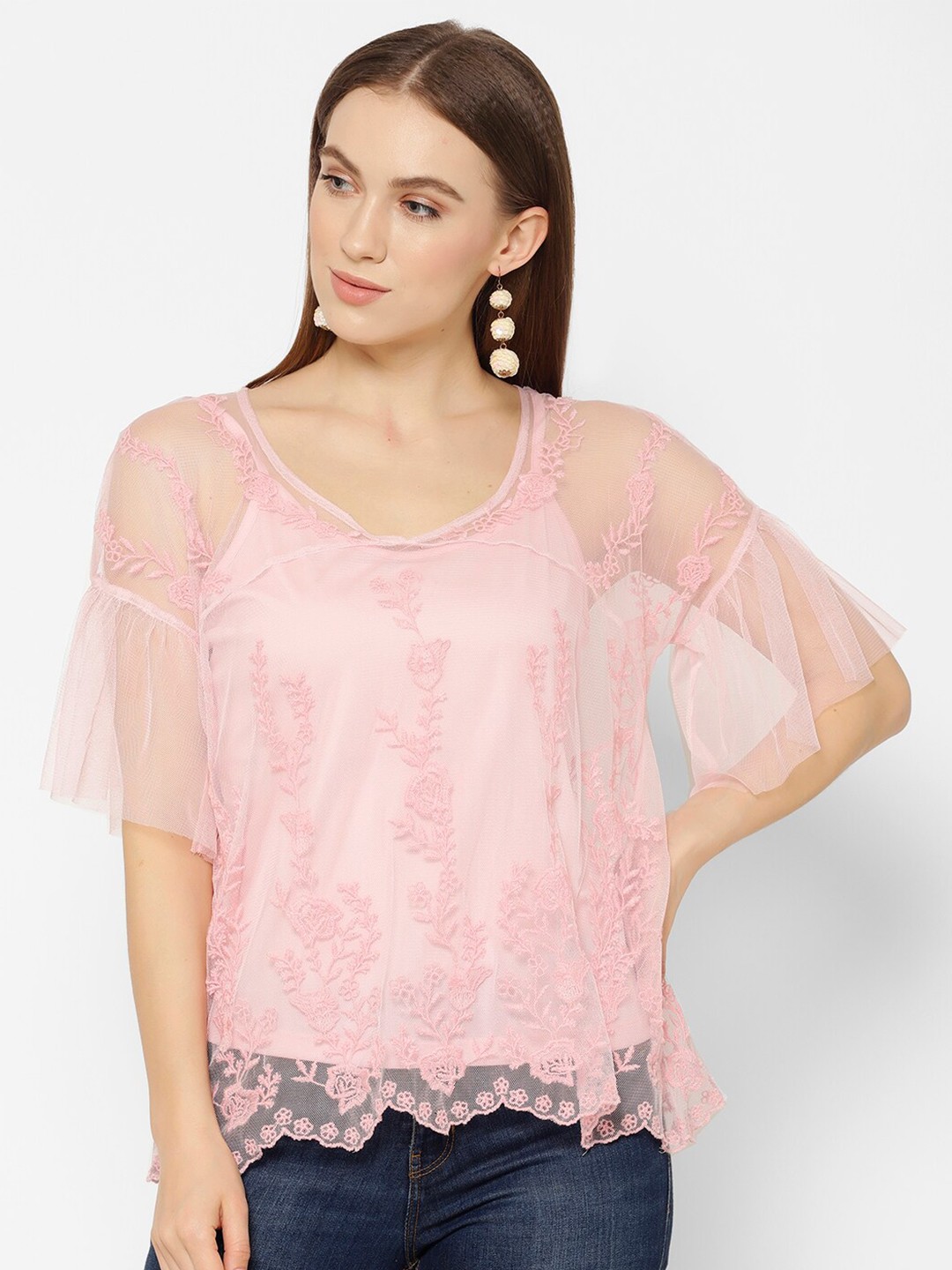 

HOUSE OF KKARMA Floral Embroidered Sheer Net Top, Pink