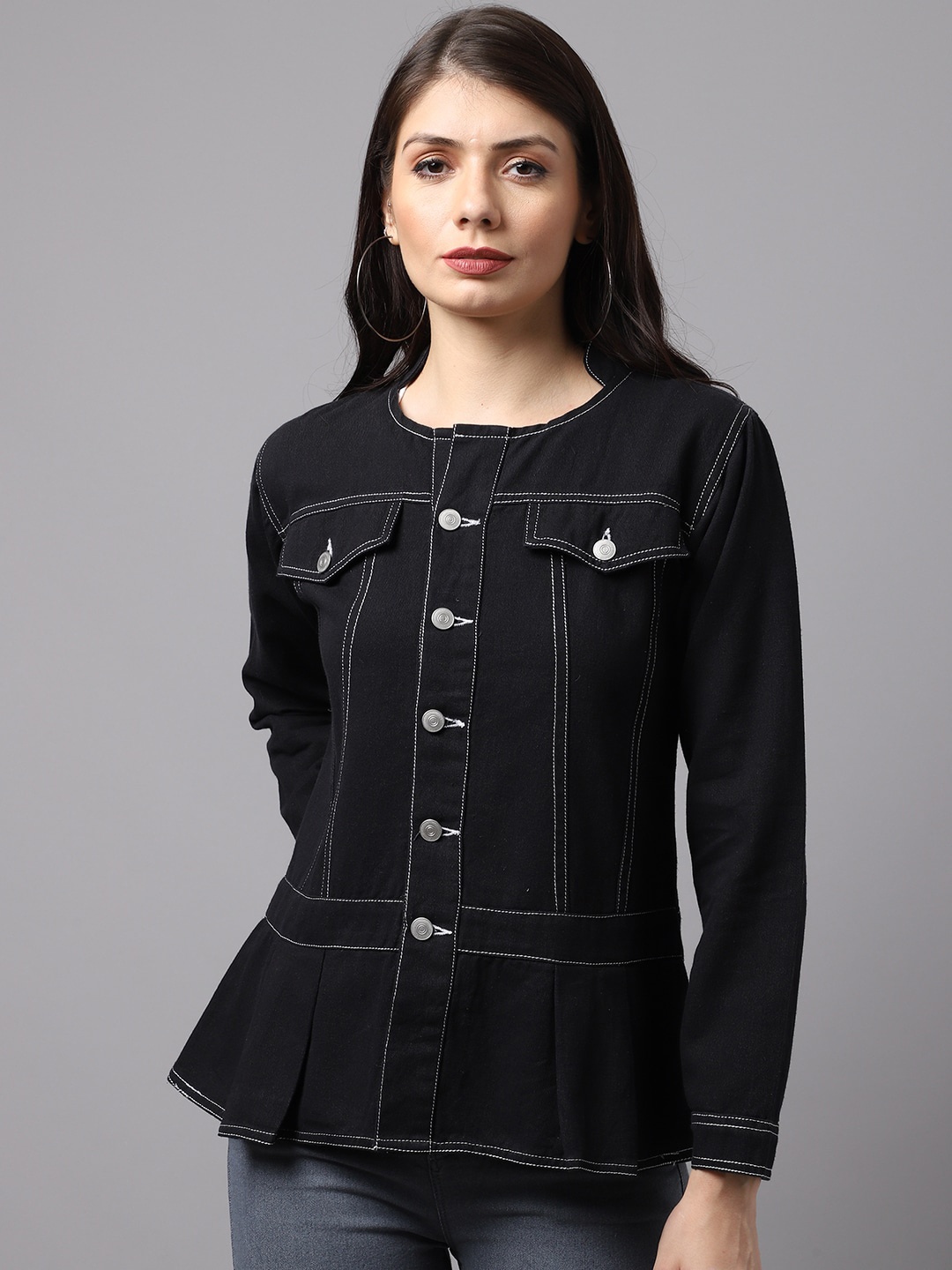 

River Of Design Jeans Women Solid Cotton Denim Jacket, Black