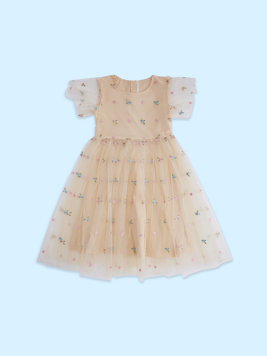 Pantaloons Junior Girls Floral Embroidered Cotton Dress, Peach